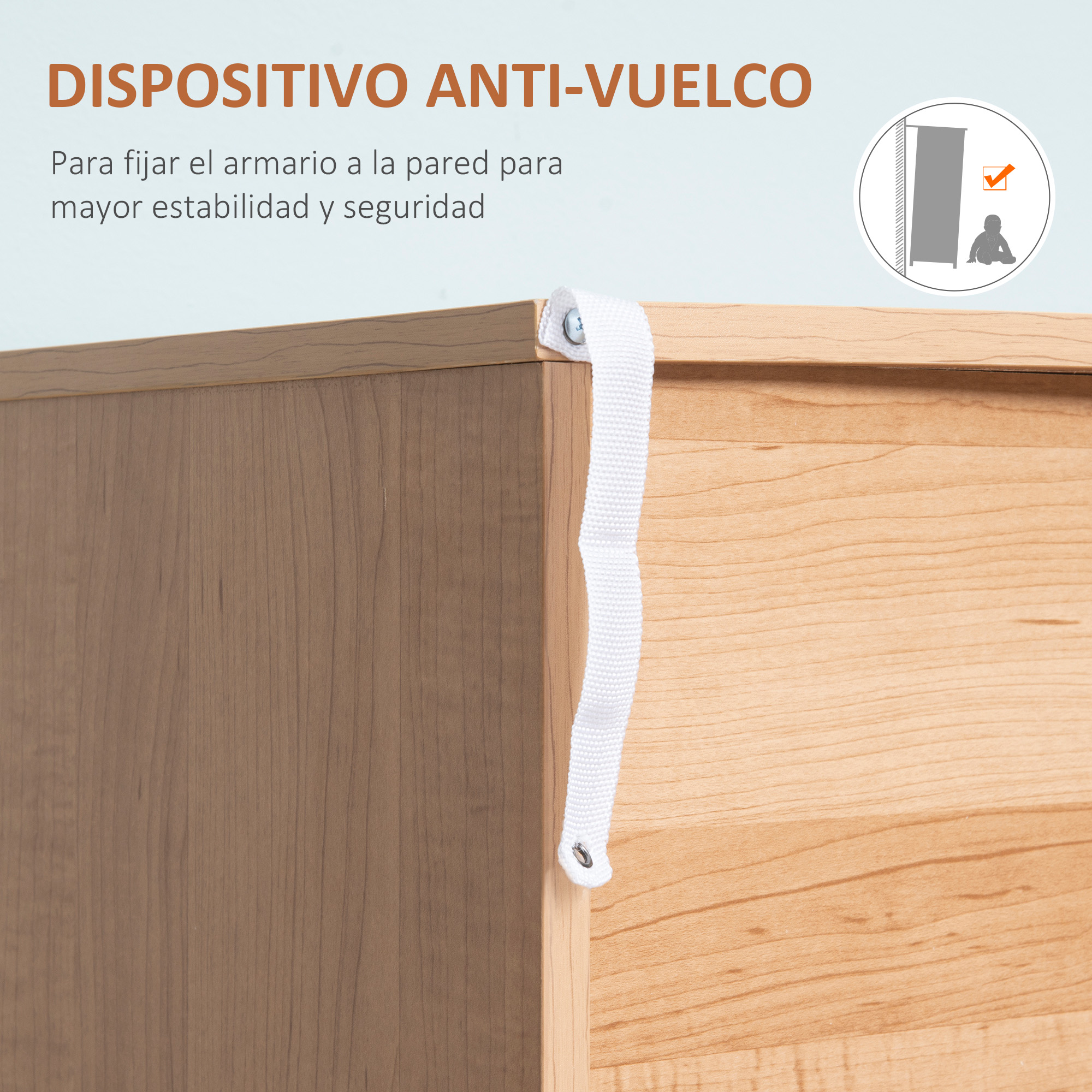 Dispositivo anti-vuelco en armario de madera, con icono de advertencia.