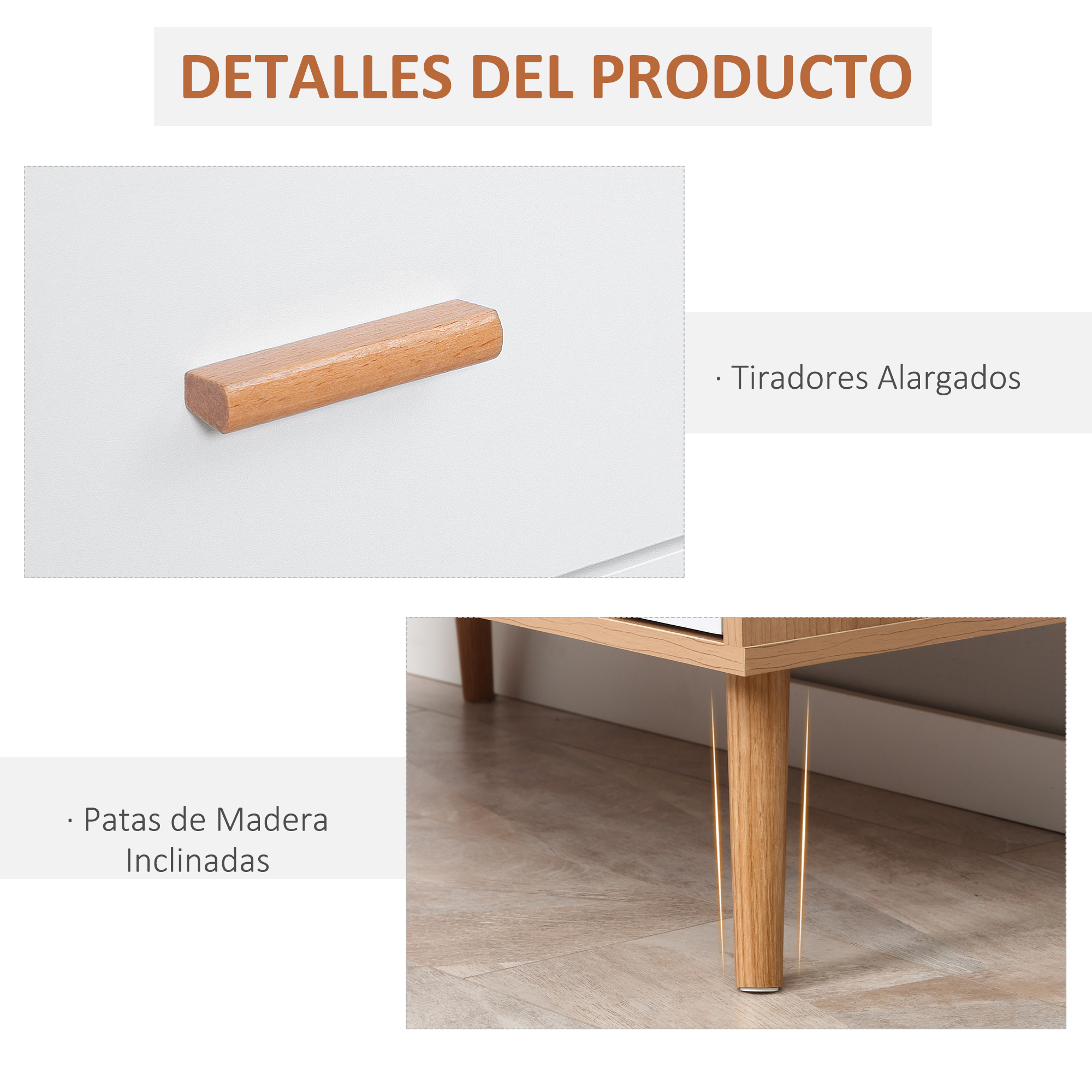 Asa de madera sobre blanco; patas de madera sobre suelo de madera.