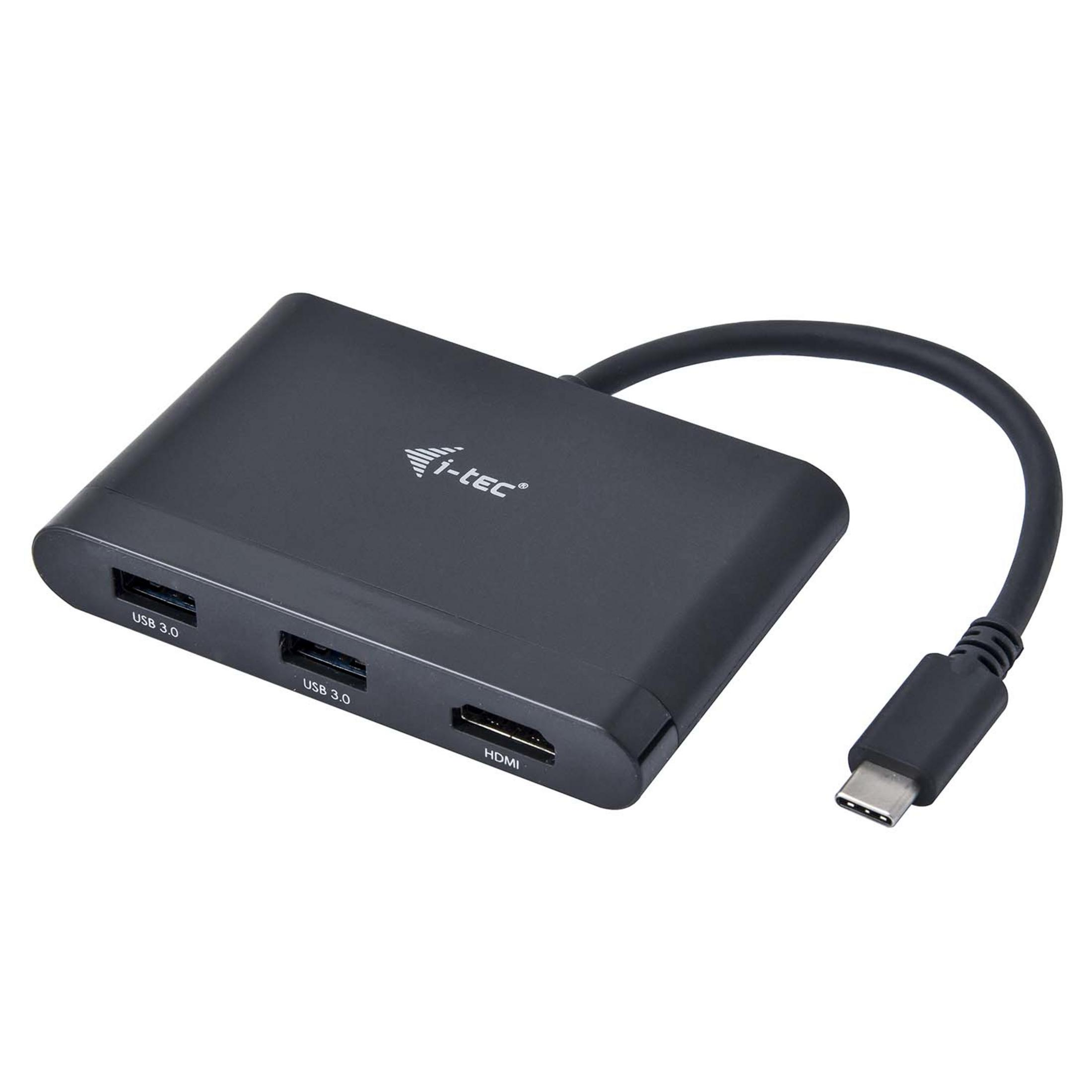 Hub USB-C nero con 2 porte USB 3.0 e porta HDMI.