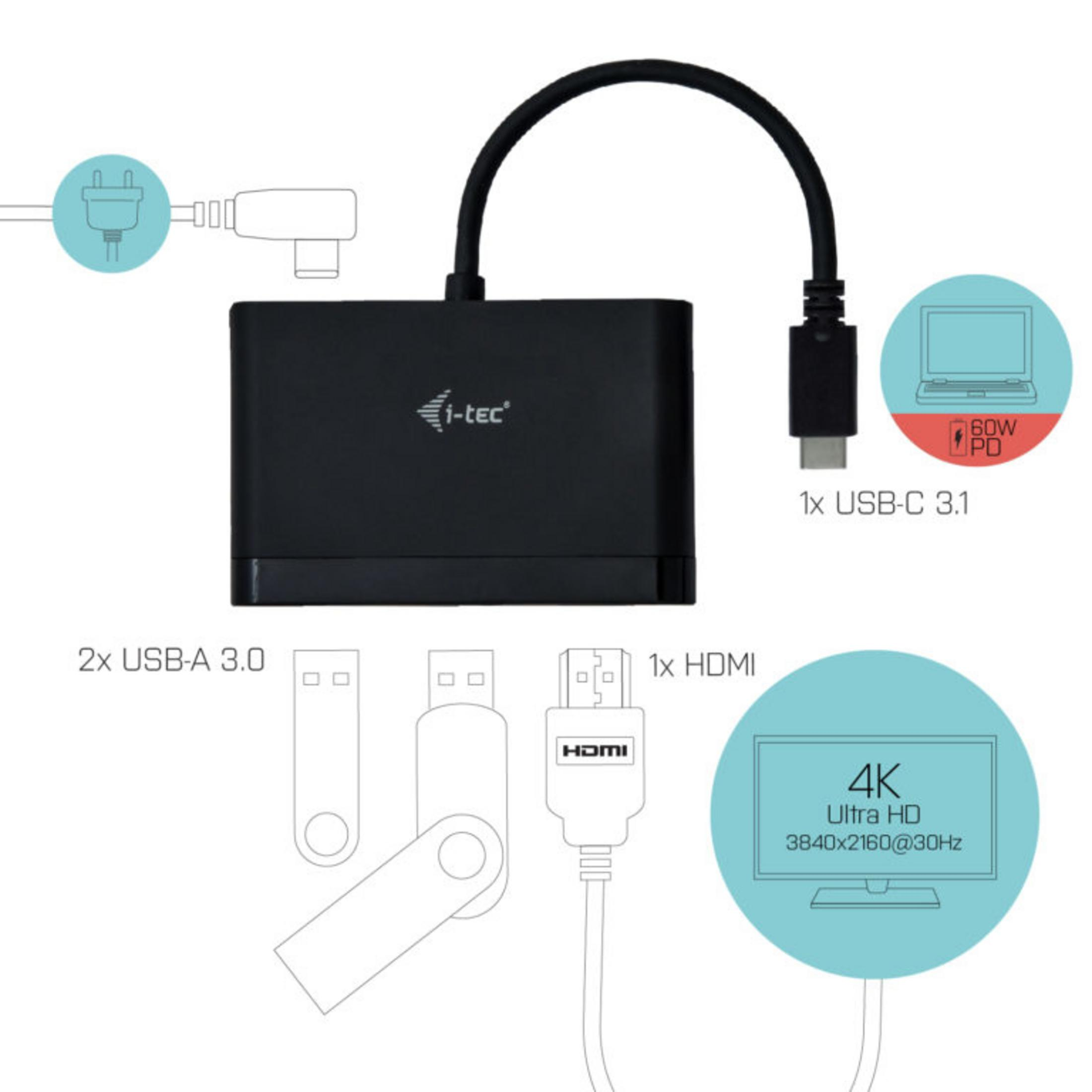 Un adattatore nero con 2x USB-A, 1x HDMI, 1x USB-C e ingresso alimentazione.