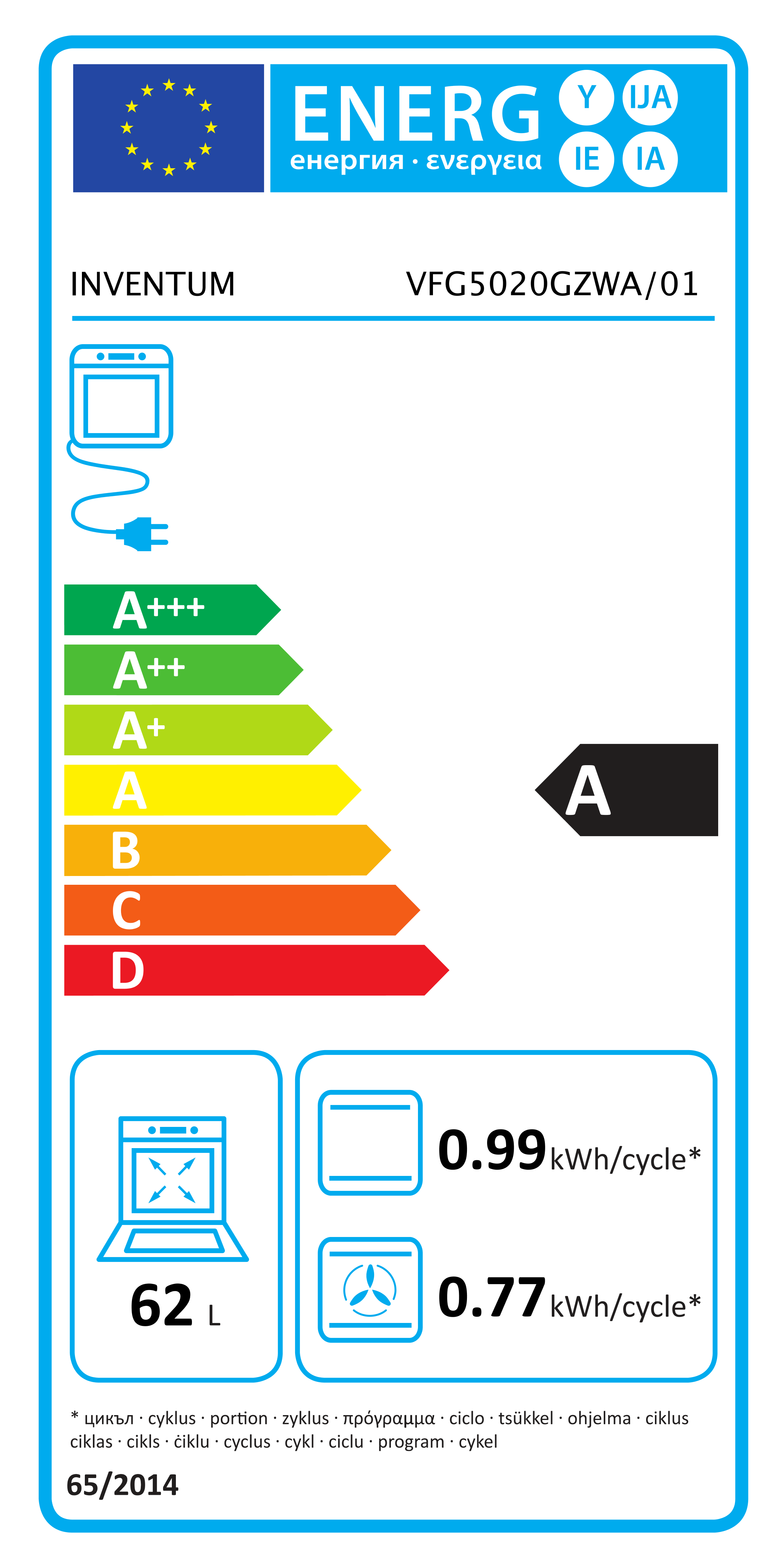 Energie-etiket Inventum VFG5020GZWA/01. Klasse A, 62L, 0.99/0.77 kWh/cyclus.