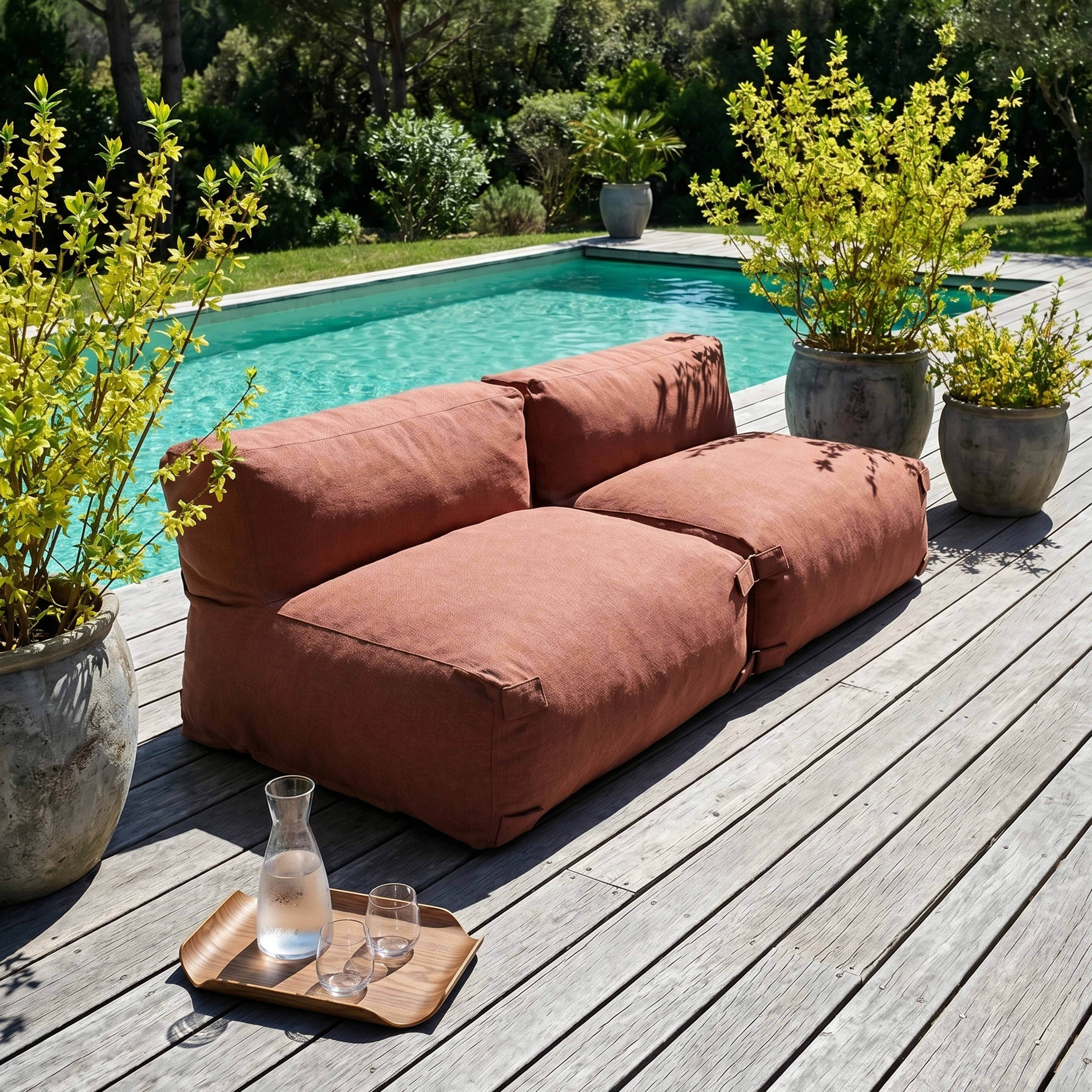 Ein orangefarbenes Loungesofa steht auf einer Holzterrasse neben einem Pool.