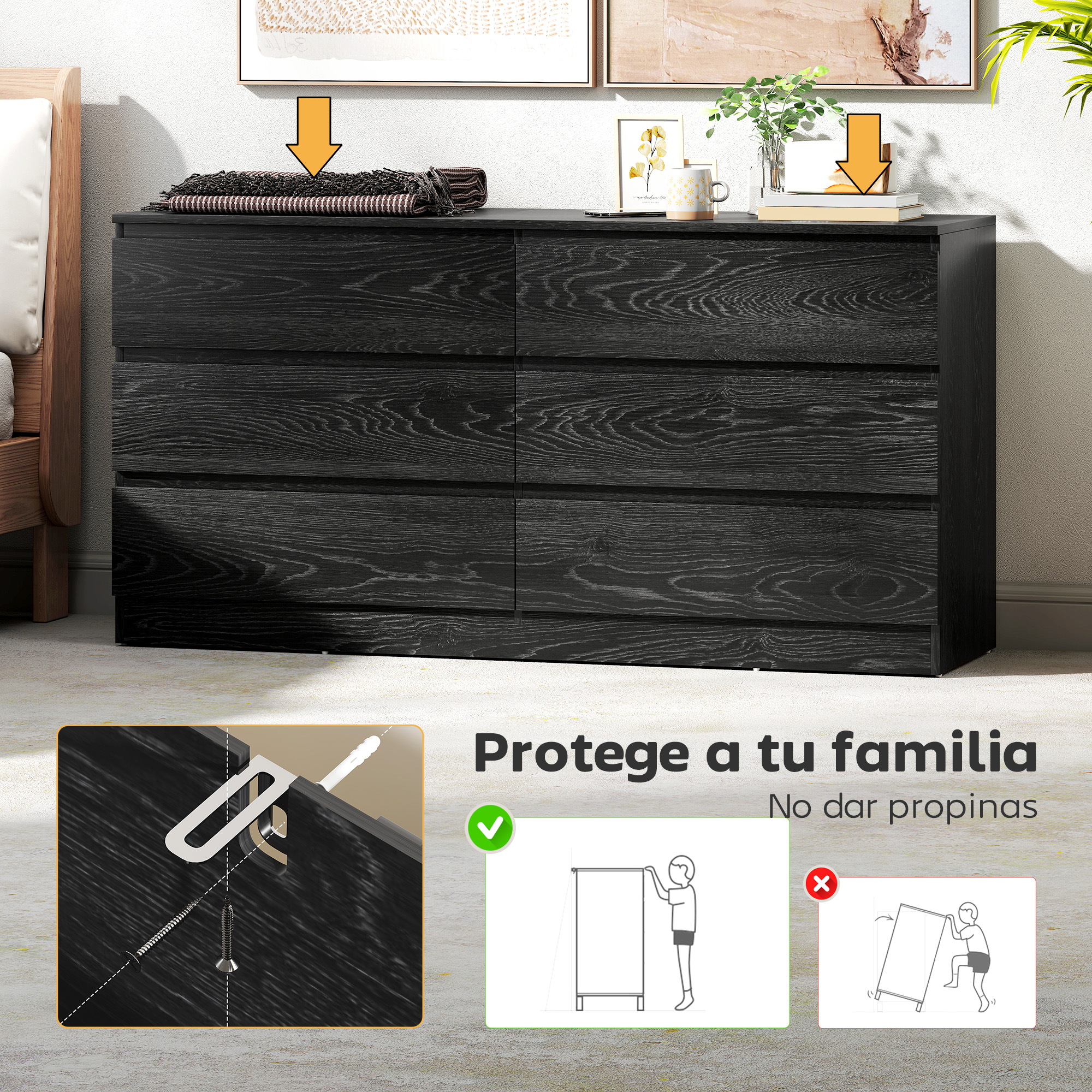 Cómoda negra de seis cajones con decoración encima e instrucciones de montaje.
