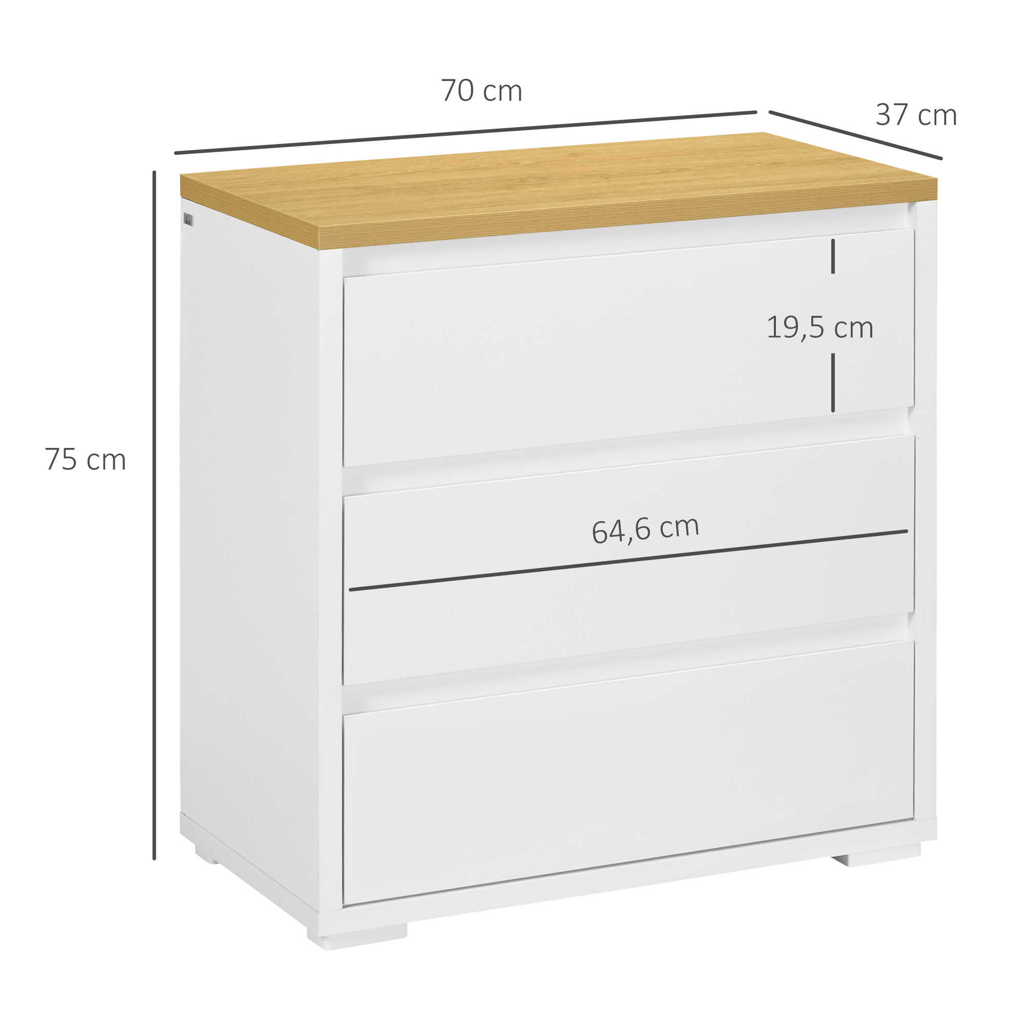 Cómoda blanca con tablero de madera, dimensiones 70x37x75 cm.