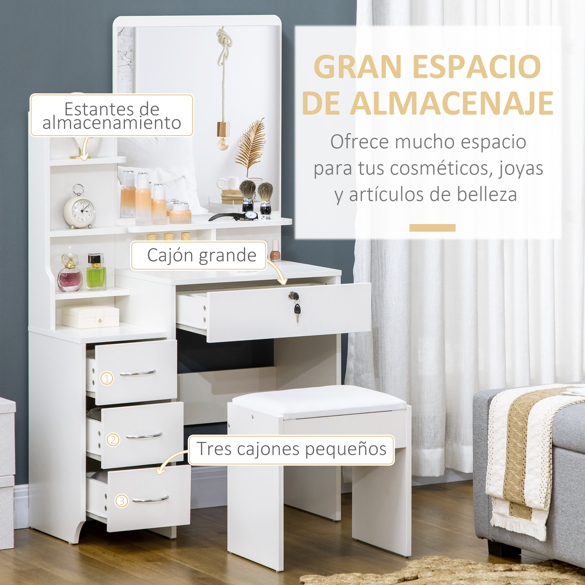 Tocador blanco con espejo, cajones, taburete y cosméticos.