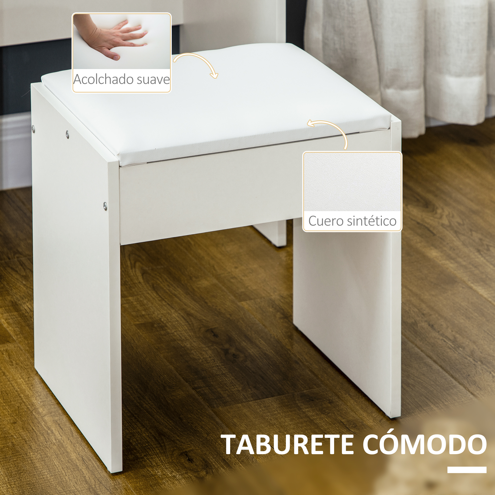 Un taburete blanco con asiento acolchado sobre suelo de madera.