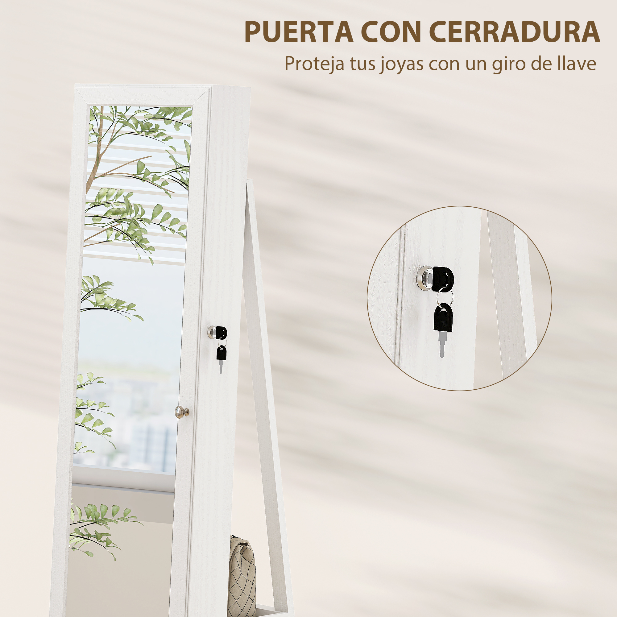 Armario joyero blanco con espejo y cerradura.