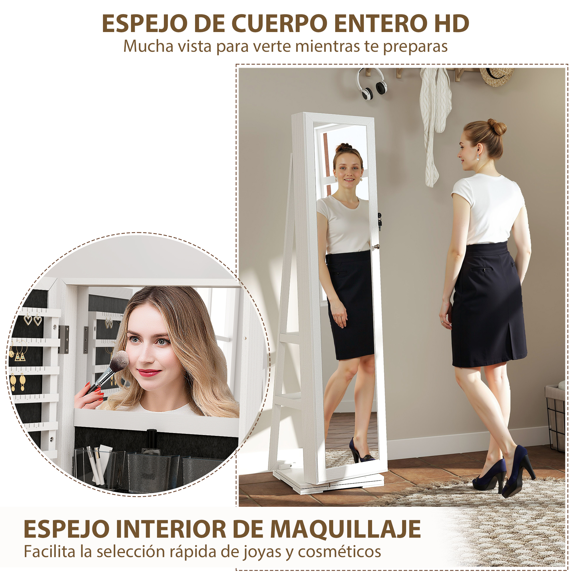 Una mujer con el pelo recogido viste de blanco. Un espejo muestra a una mujer maquillándose.