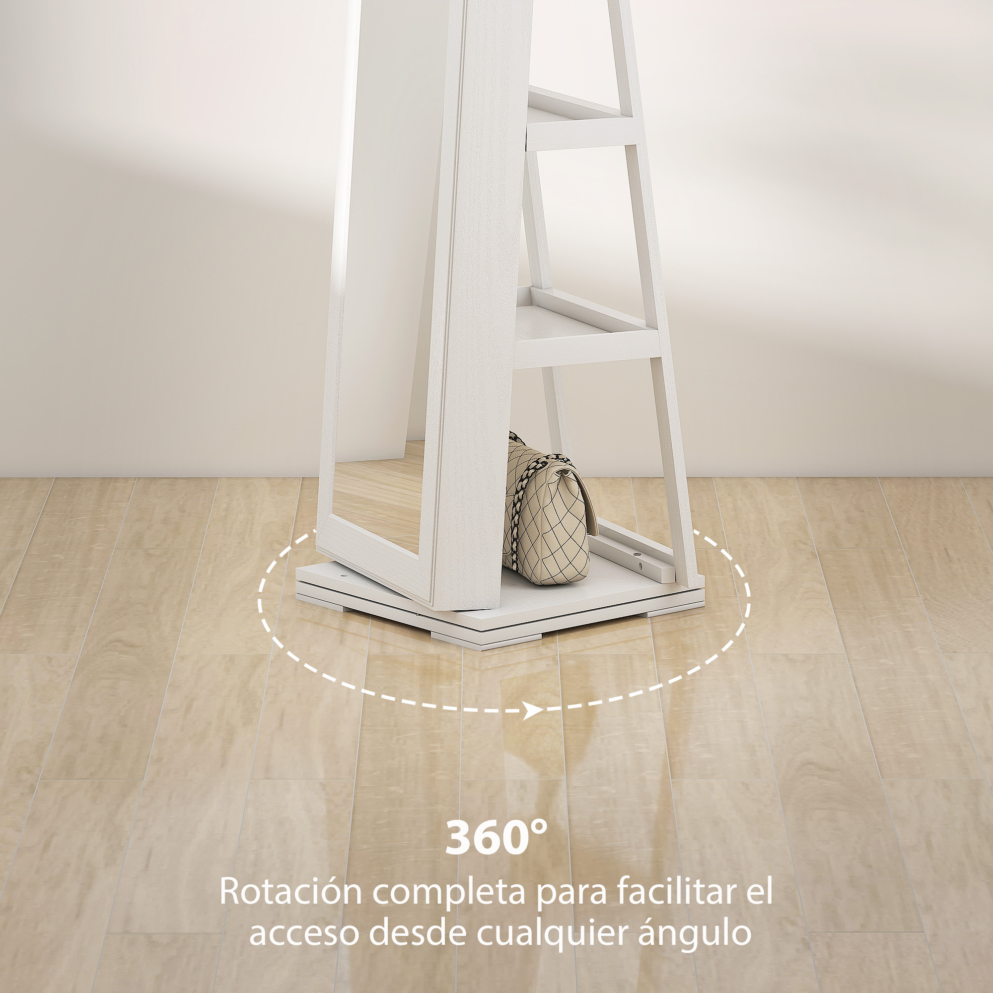 Un perchero blanco con espejo gira sobre un suelo de madera.