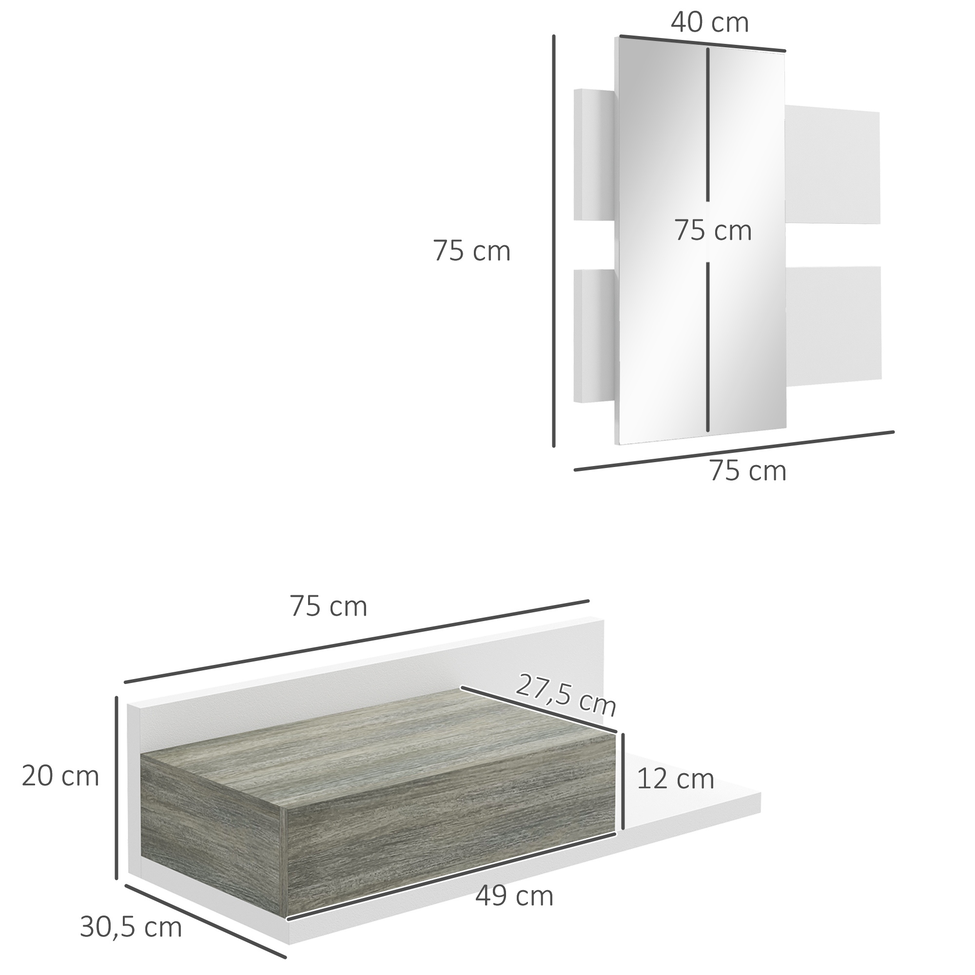 Un armario rectangular de madera veteada gris, 75x49x20 cm. Al lado, un espejo de 75x40 cm.