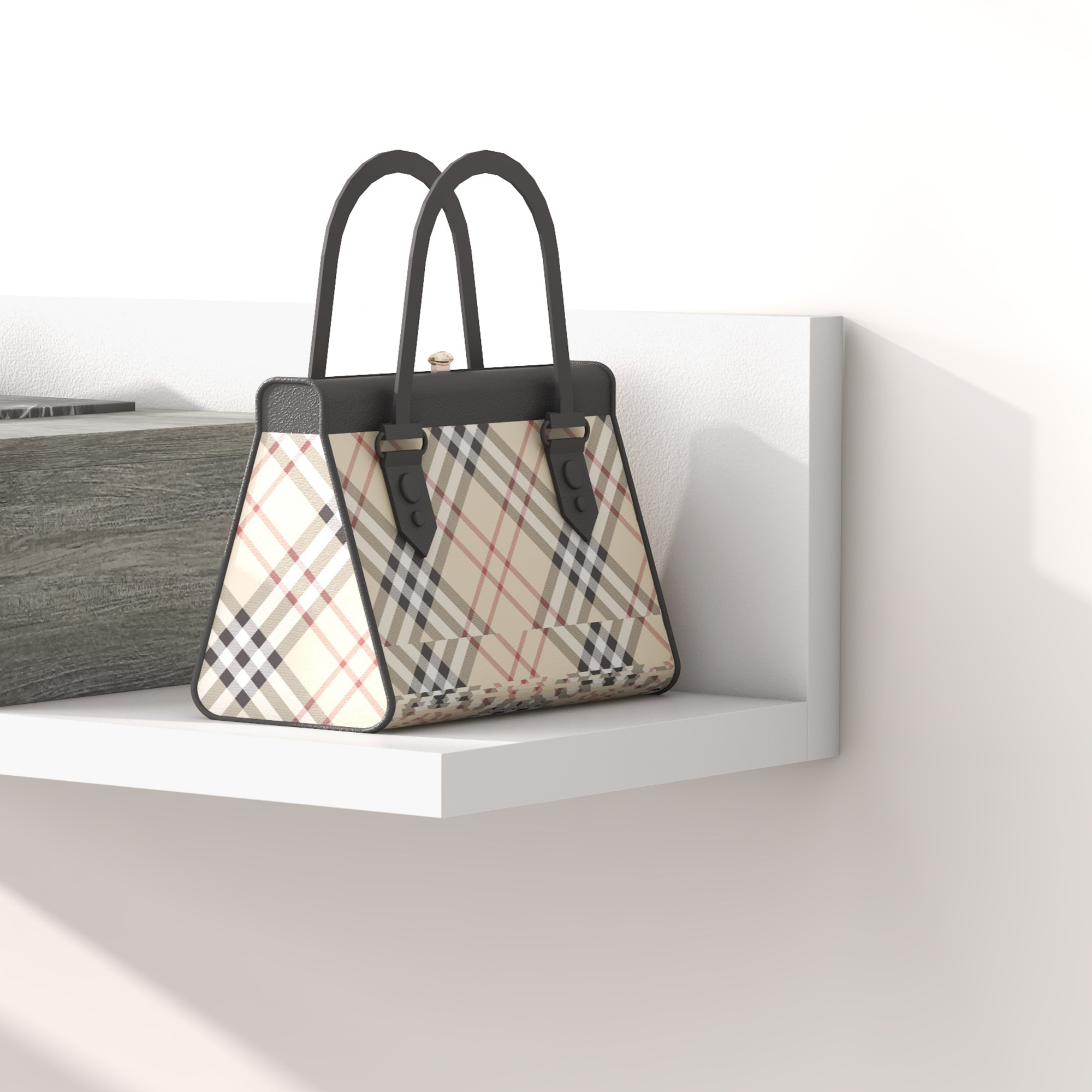 Bolso beige de cuadros con asas negras en un estante blanco.