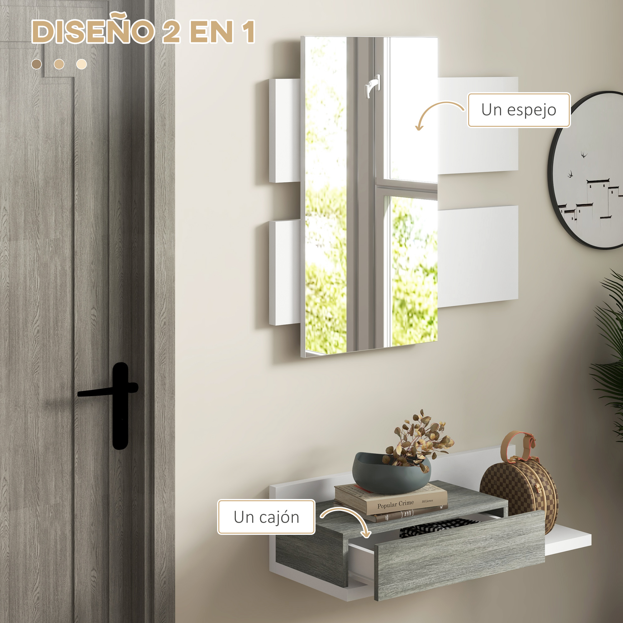 Un espejo de pared sobre un mueble cajonero gris, con una puerta al lado.