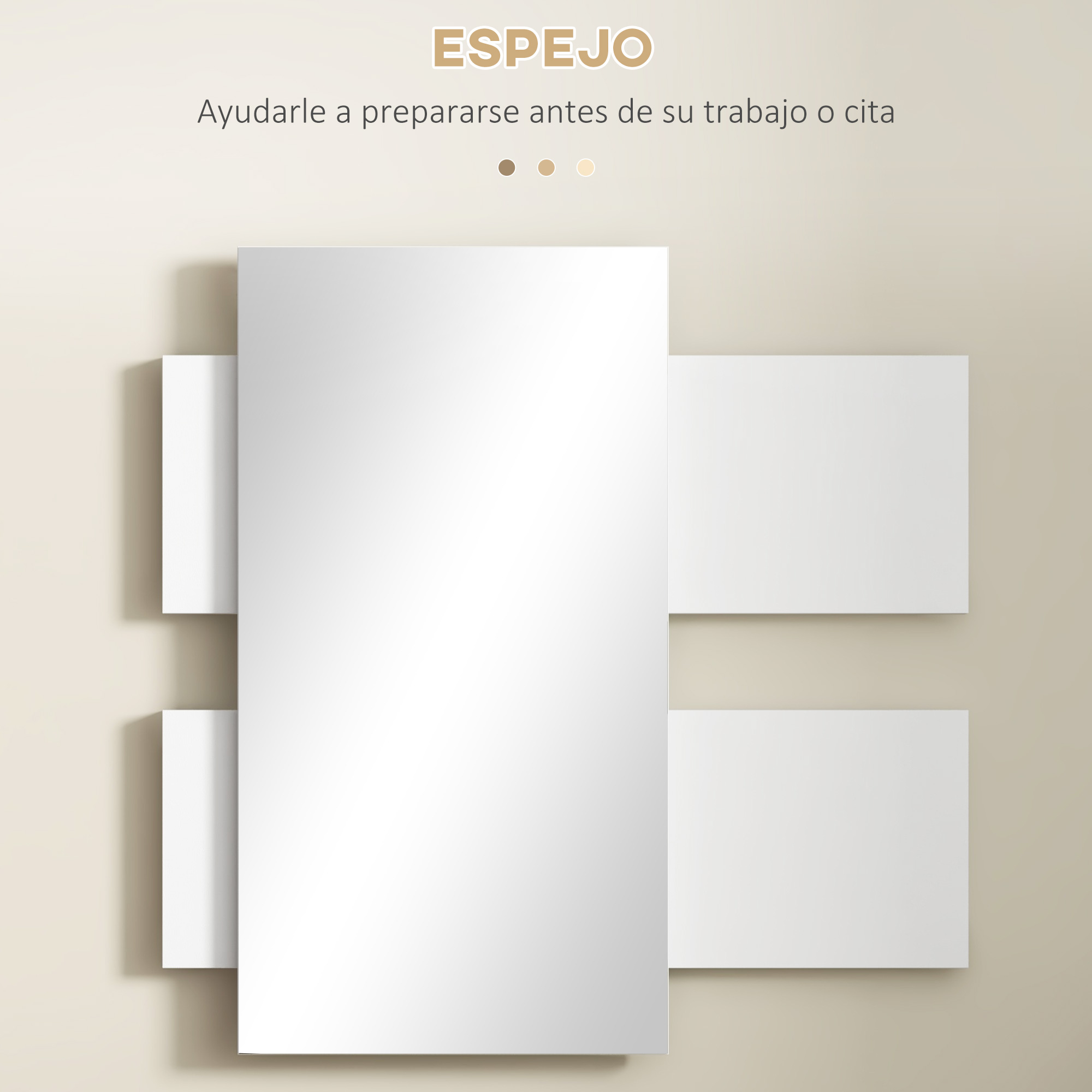 Un espejo grande en primer plano, con rectángulos blancos alrededor sobre fondo beige.