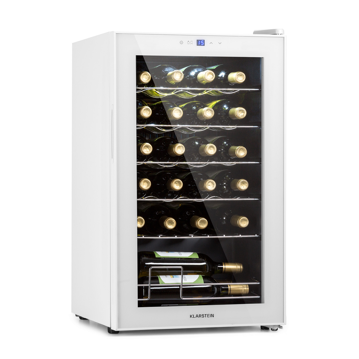 Una vinoteca blanca con puerta de cristal, llena de muchas botellas de vino.