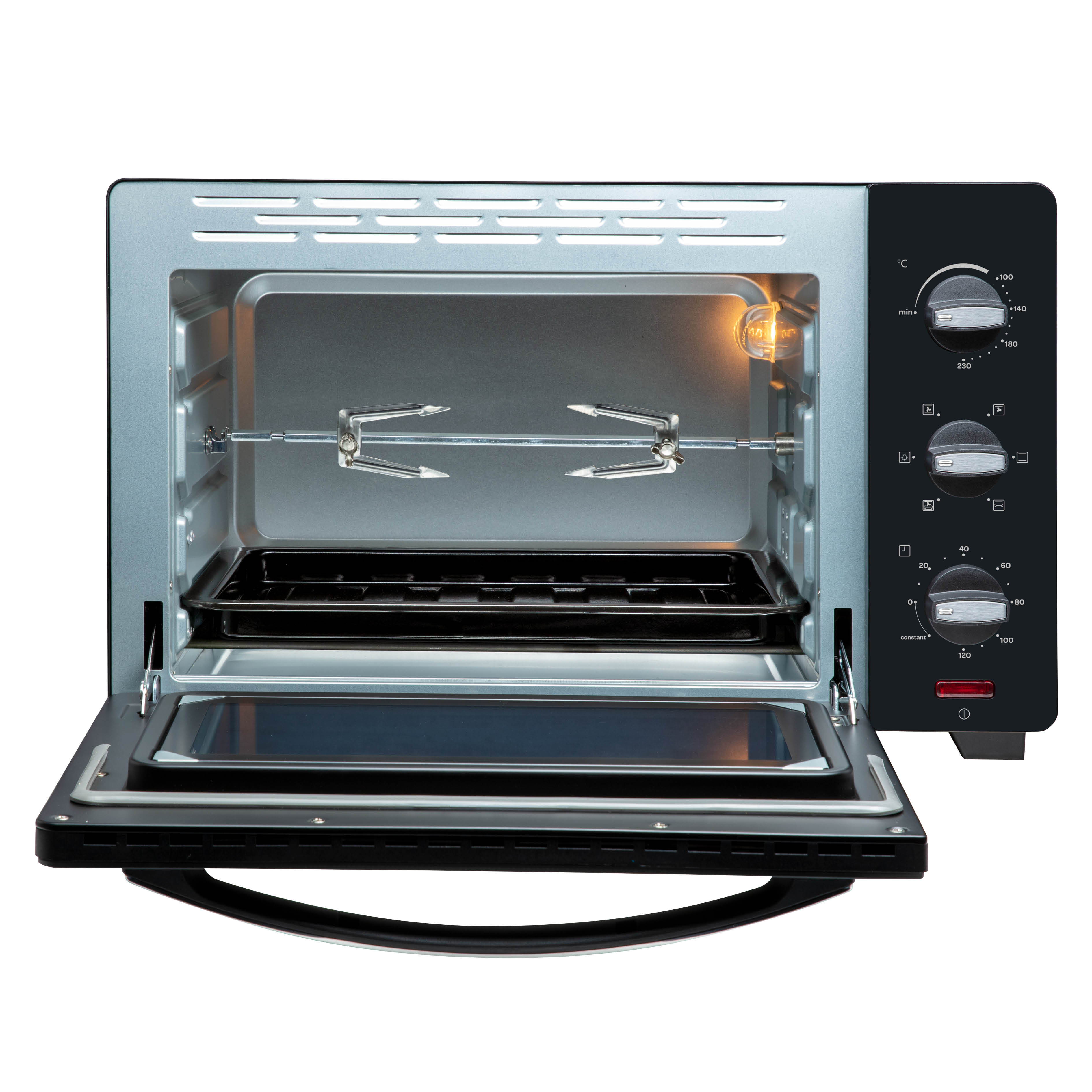 An open mini oven with a rotisserie spit and temperature controls.