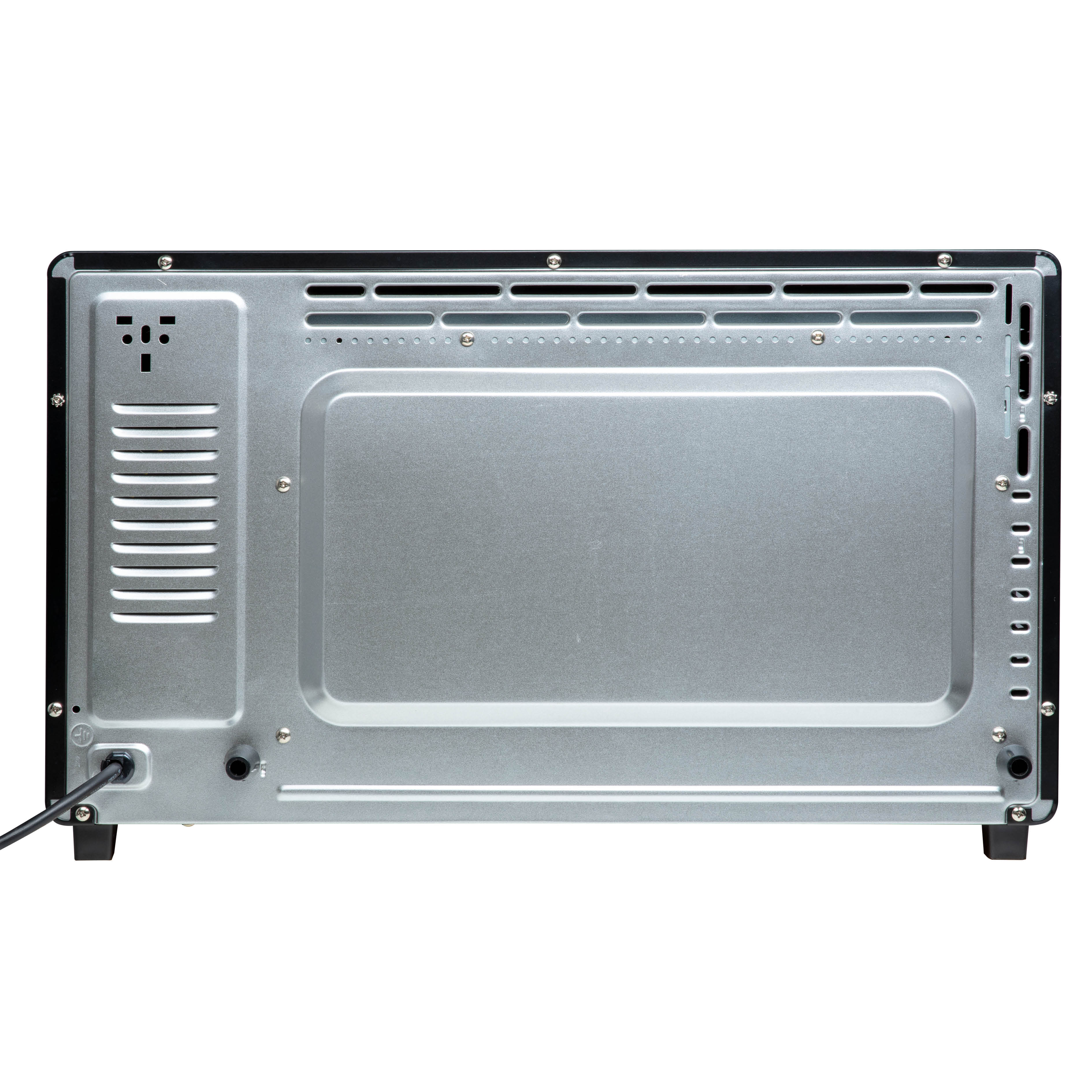 The back of a black oven, featuring a silver metal casing with ventilation slots.