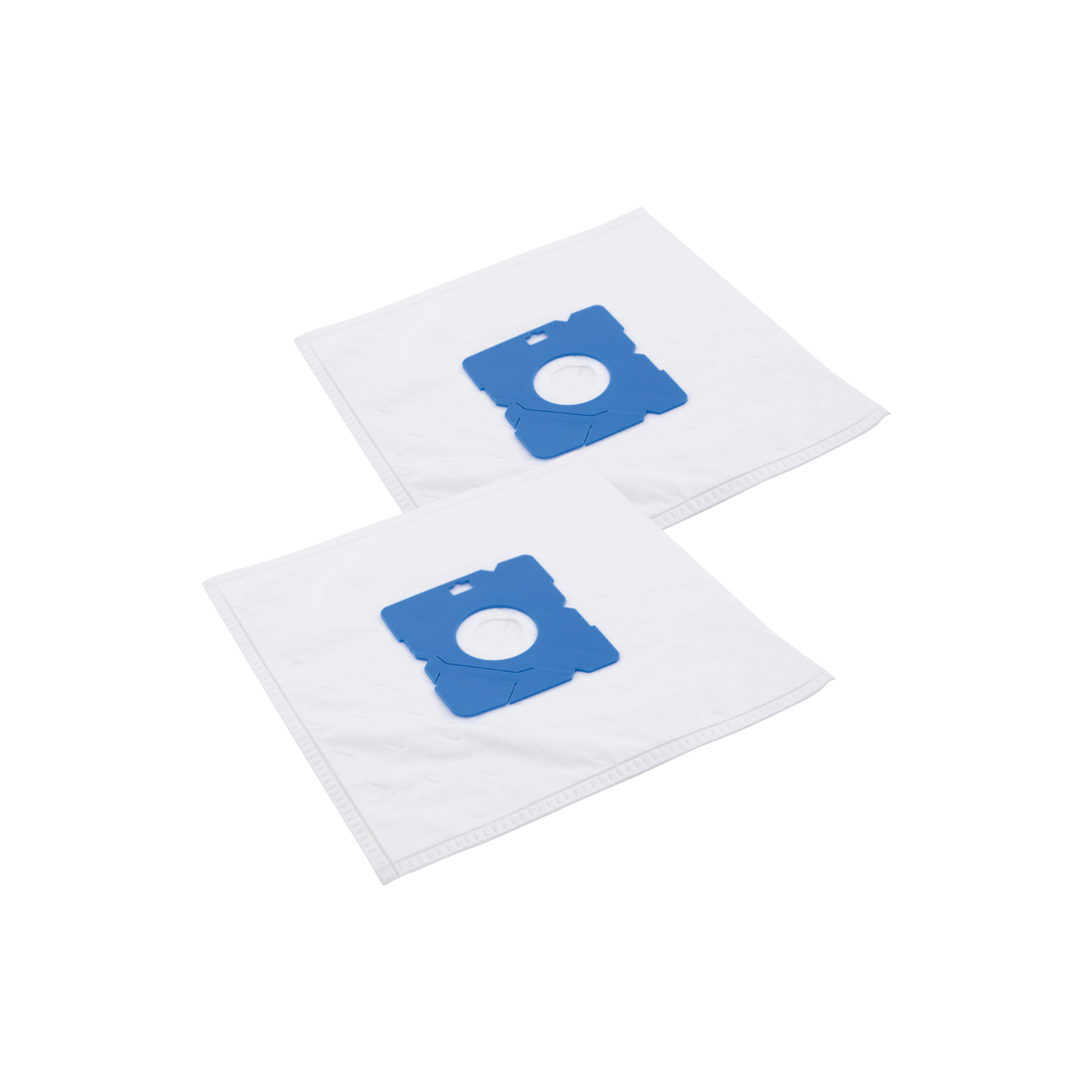 Deux sacs d'aspirateur blancs avec connecteur bleu sur fond blanc.