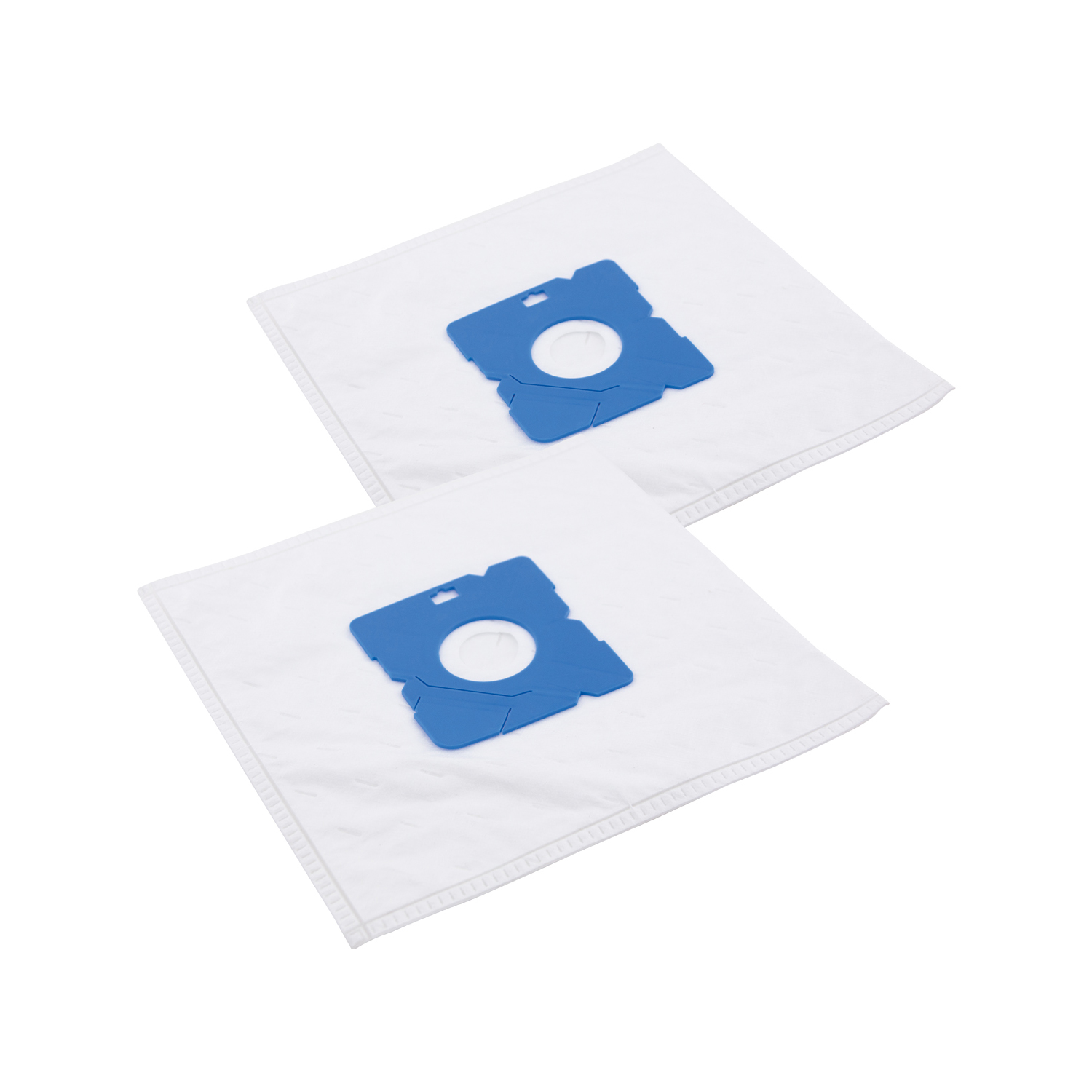 Two white vacuum cleaner bags with blue connectors on a white background.