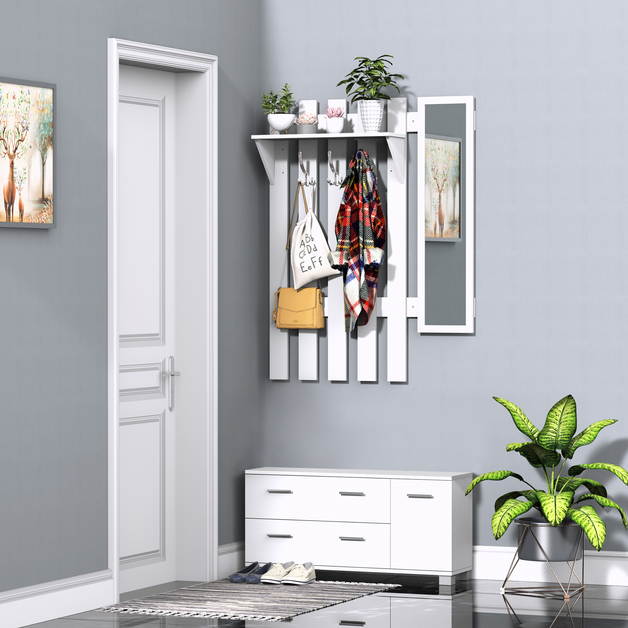 Un pasillo con ganchos de pared, espejo, cómoda, plantas y una puerta.