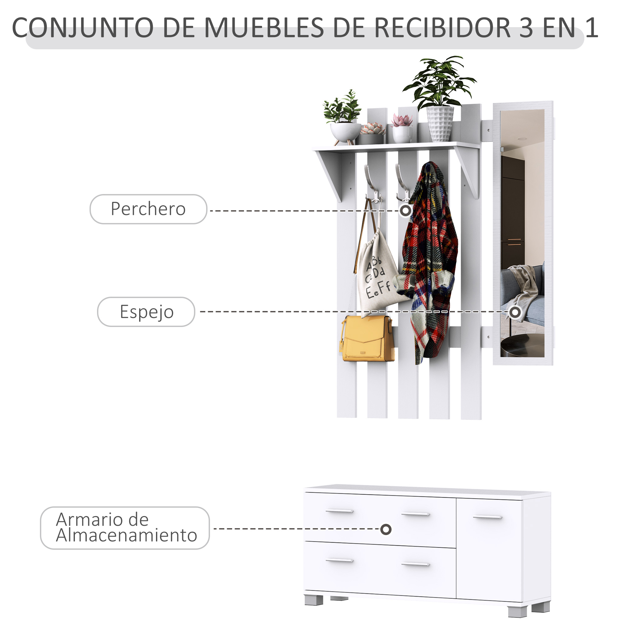 Un conjunto de muebles blancos para recibidor con perchero, espejo y armario.