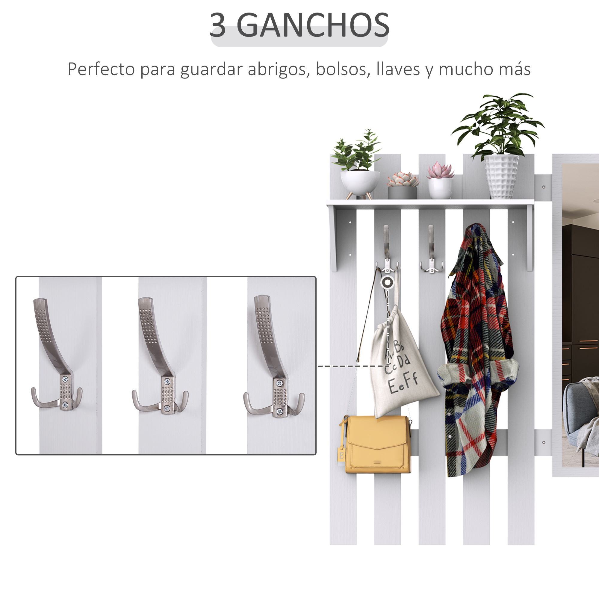 Un perchero blanco con tres ganchos, plantas y bolsos.