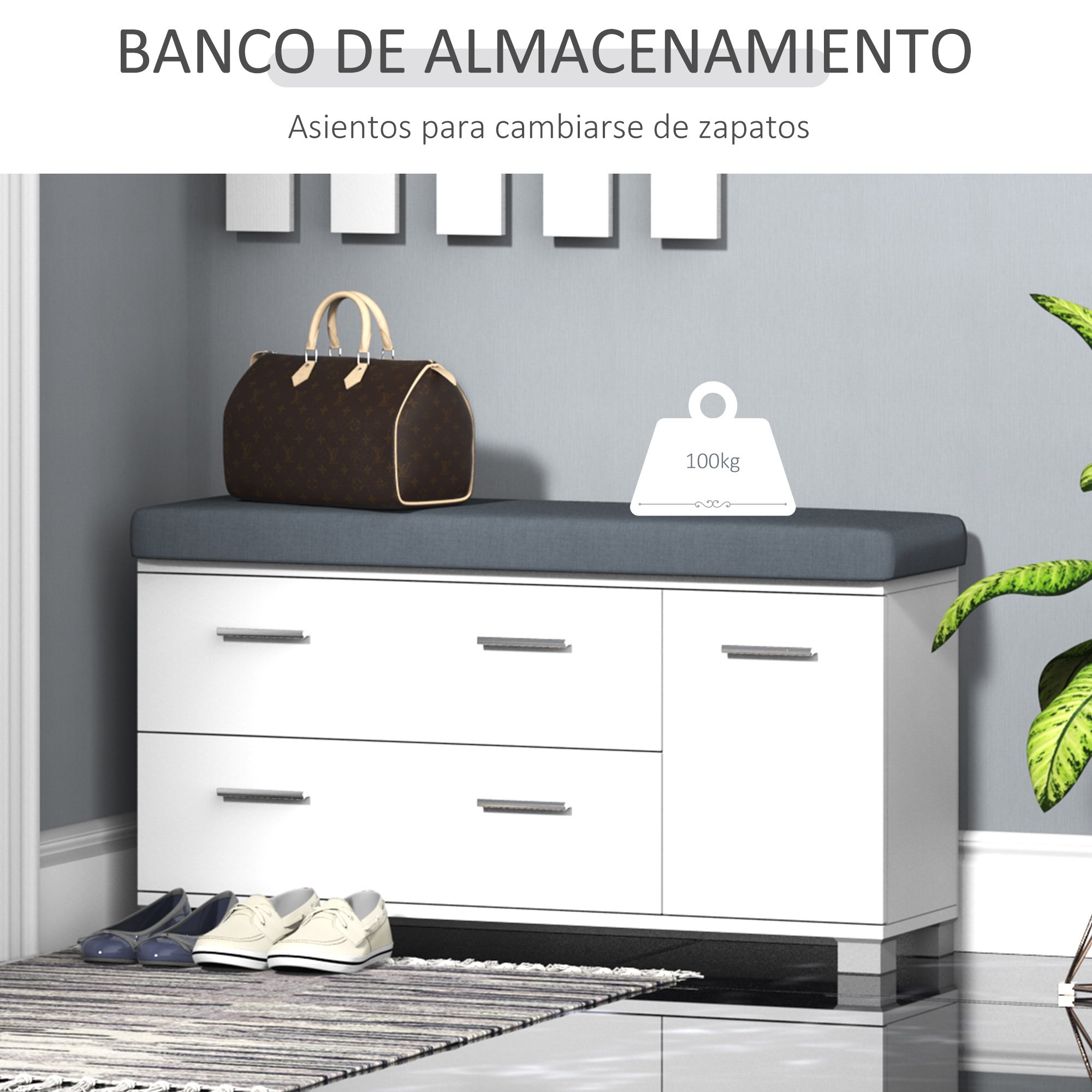 Zapatero blanco con asiento gris, bolso marrón, zapatos y planta.