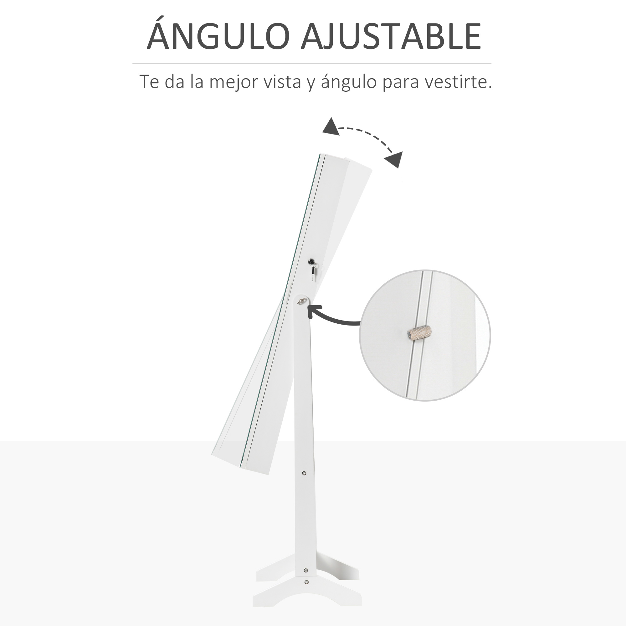Un espejo blanco sobre un soporte con ángulo ajustable, con detalle ampliado.