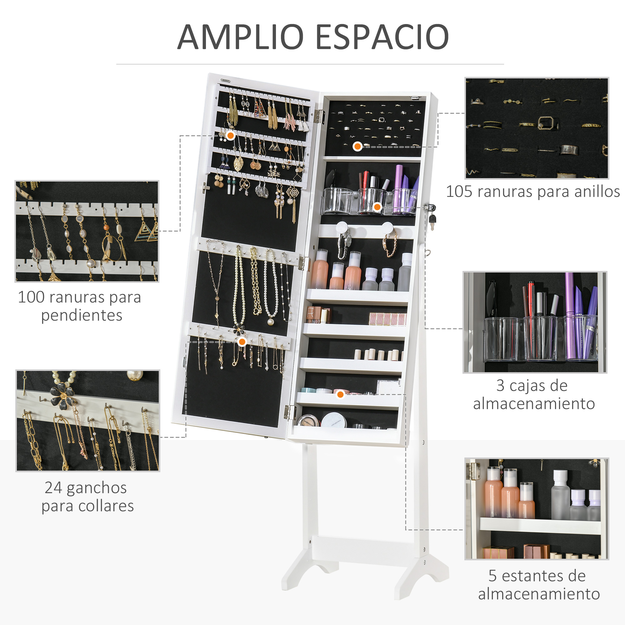 Un armario de joyería blanco con múltiples compartimentos para joyas y cosméticos.