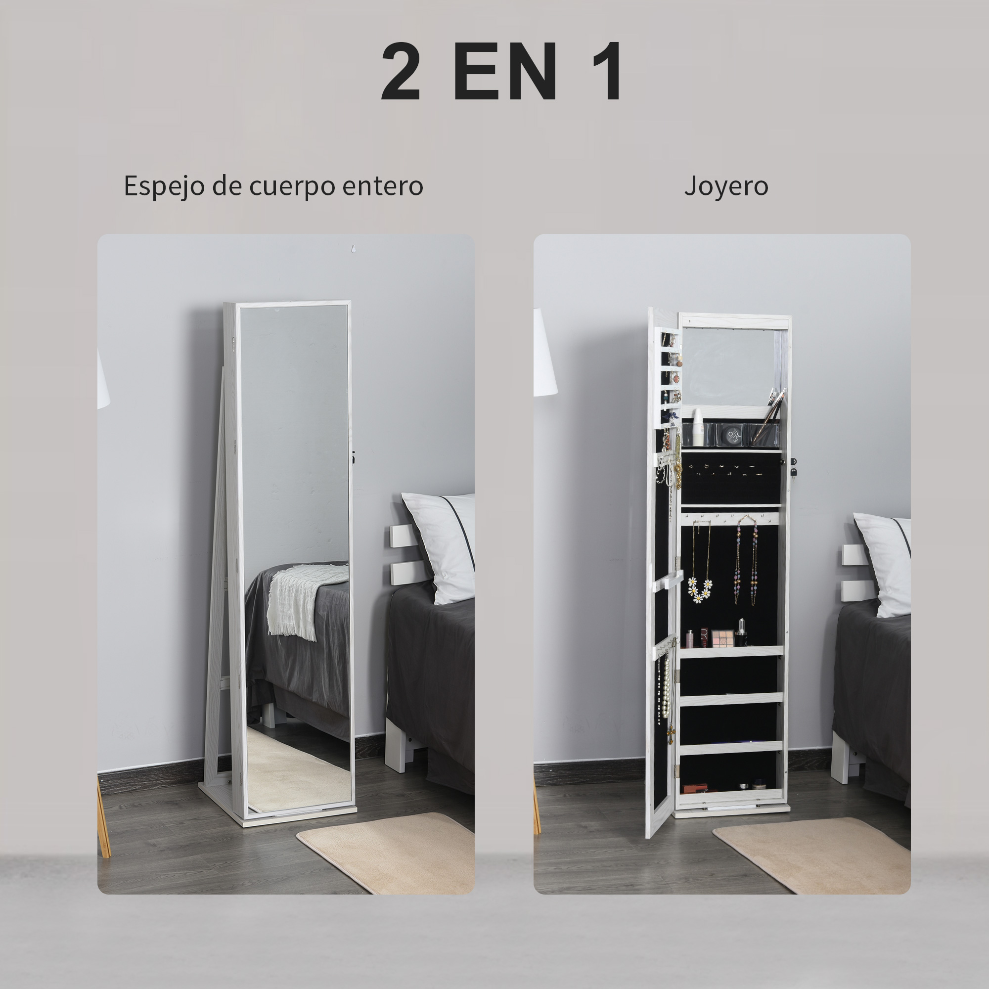 Un espejo de cuerpo entero y un joyero uno al lado del otro en un dormitorio.