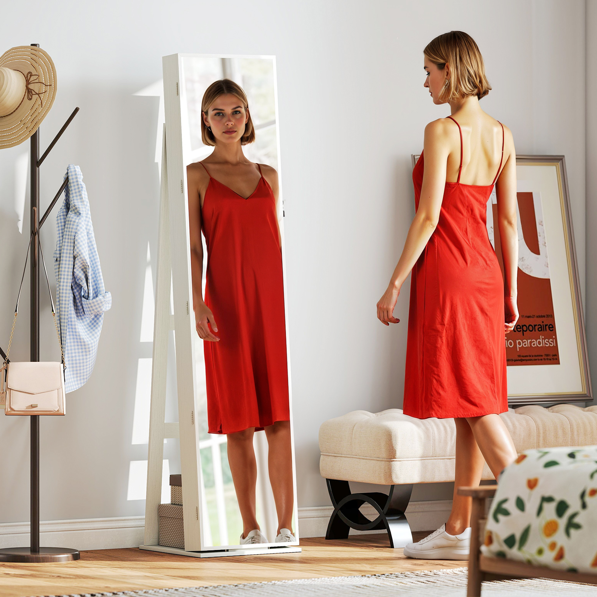 Una mujer con vestido rojo está junto a un espejo. Un sombrero y bolso cuelgan de un perchero.