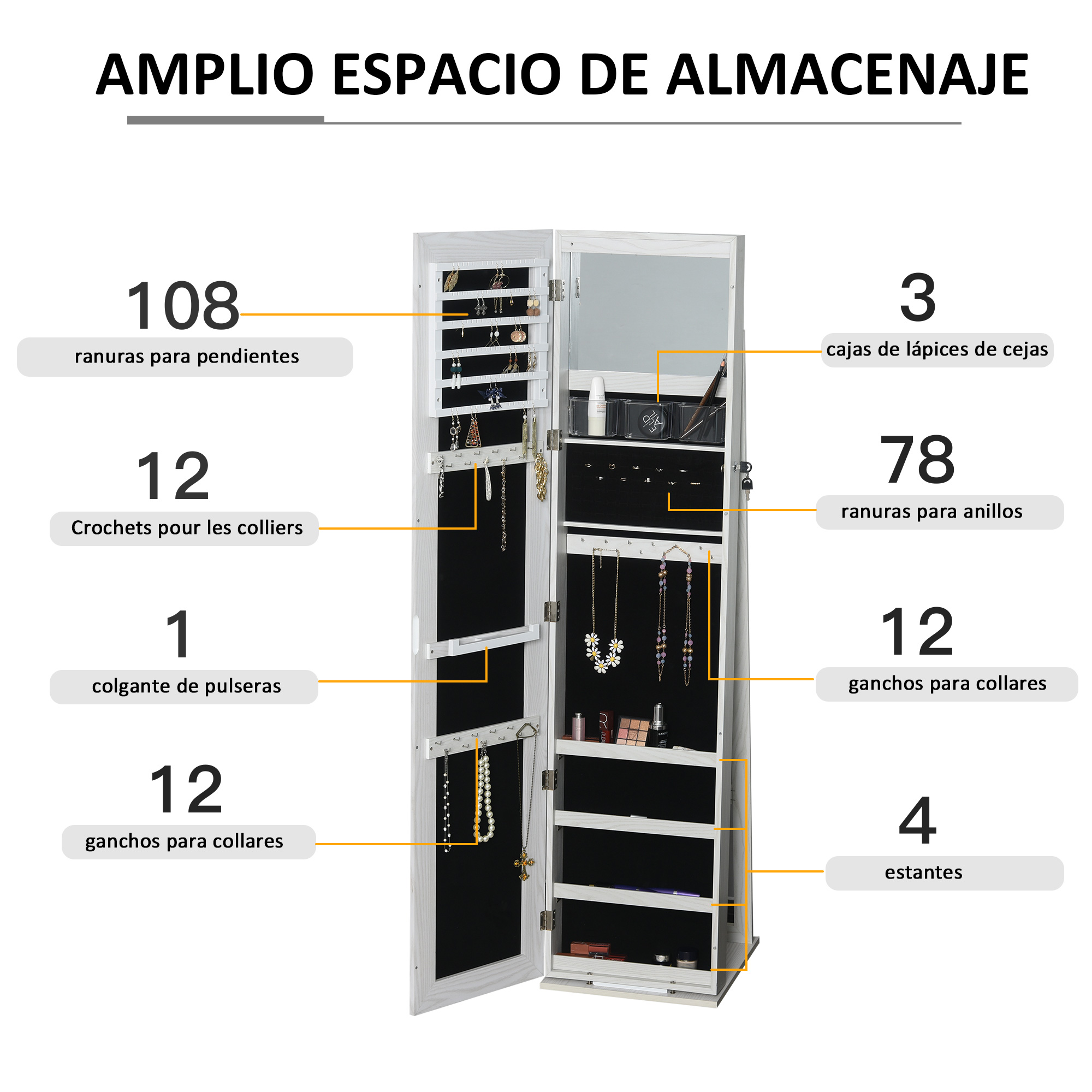 Armario joyero con espejo: 108 ranuras pendientes, 12 ganchos collares, 1 colgante pulseras.