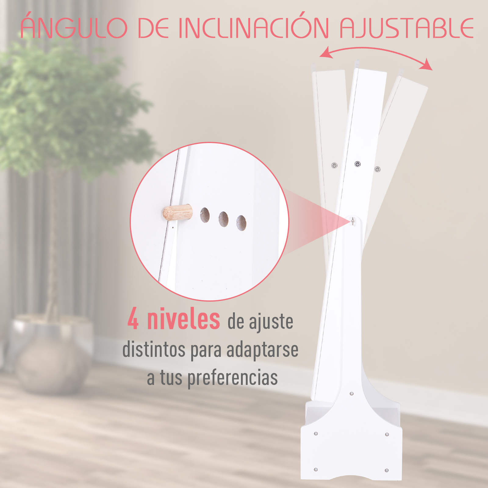 Un soporte blanco con ángulo de inclinación ajustable y 4 niveles.