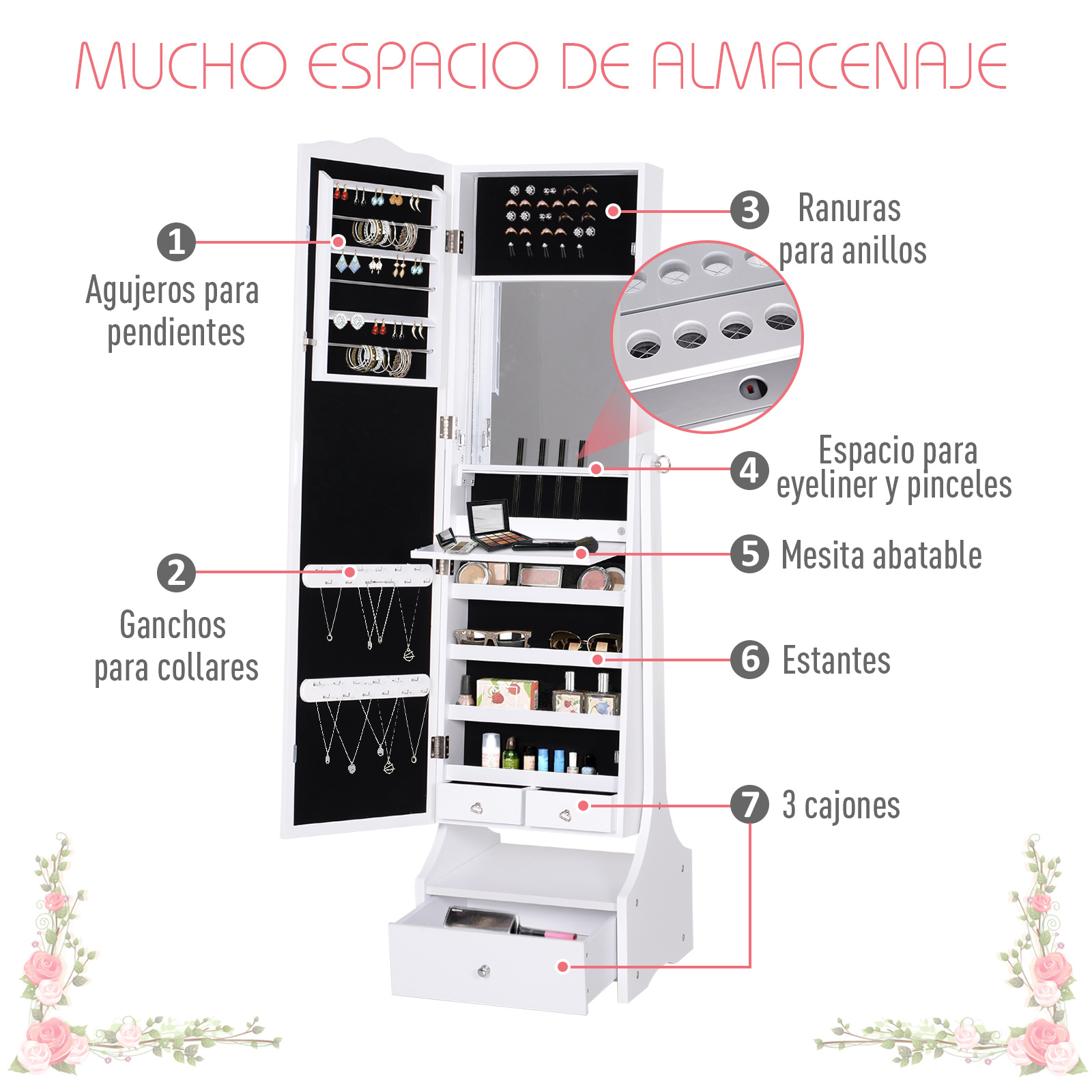 Armario de joyería blanco con características organizativas para pendientes, collares, anillos y maquillaje.