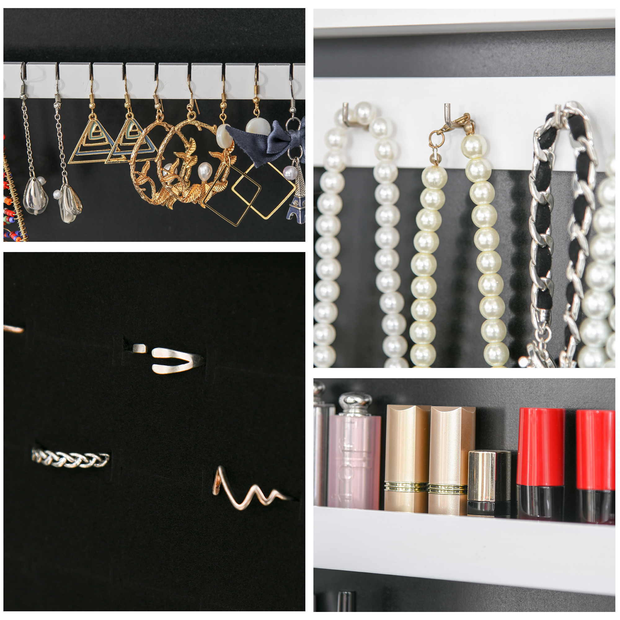 Colage de joyas y cosméticos: pendientes, collares, anillos y labiales.