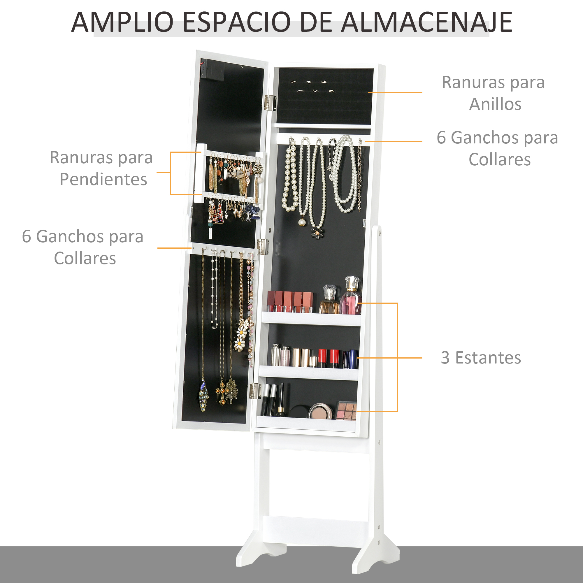 Un armario de joyería blanco con puertas abiertas muestra ranuras para anillos, pendientes y ganchos.