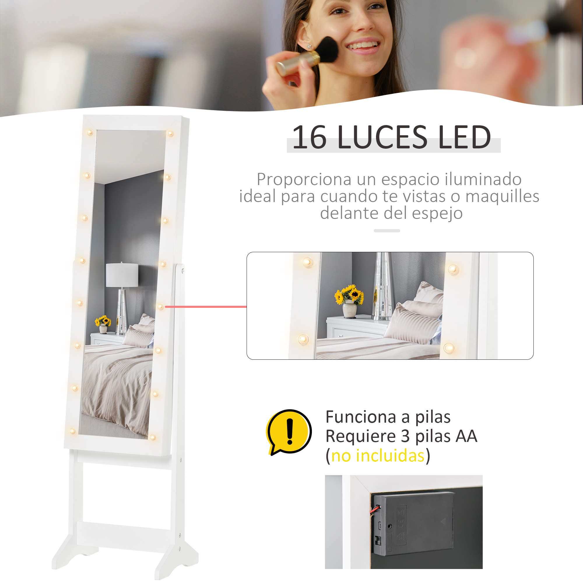Un espejo de cuerpo entero blanco con 16 luces LED y un soporte.