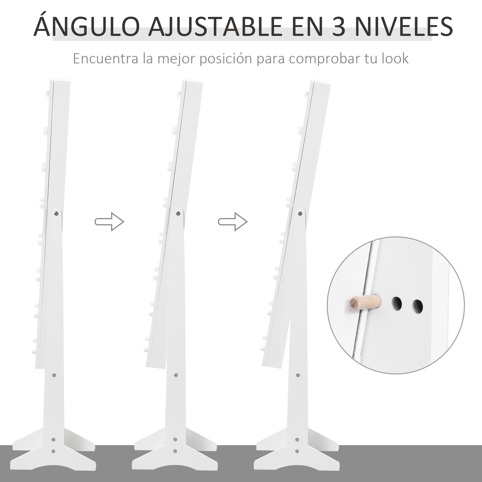 Un espejo de maquillaje blanco con ángulo ajustable en tres posiciones.