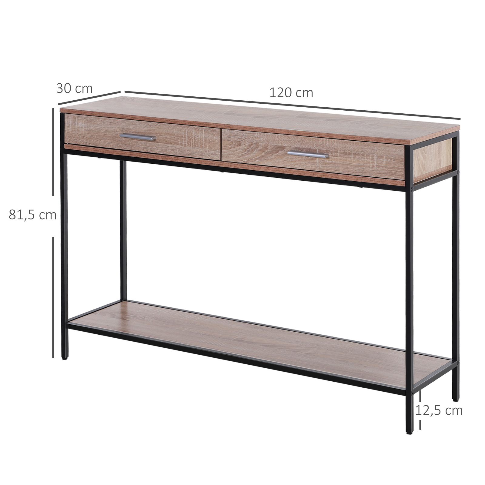 Una mesa consola estrecha de madera con dos cajones y un estante inferior.