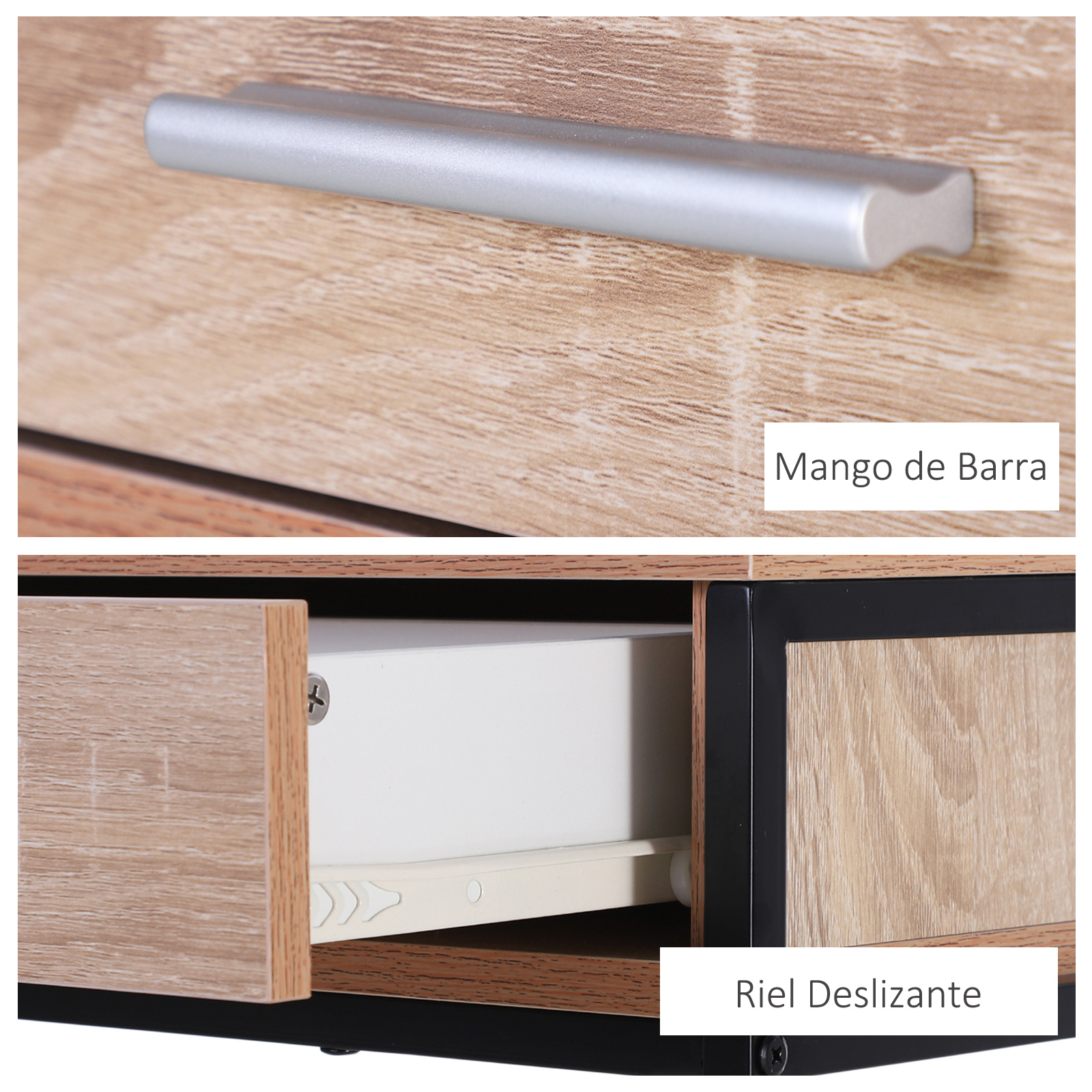Cajón de madera con tirador plateado y riel blanco.