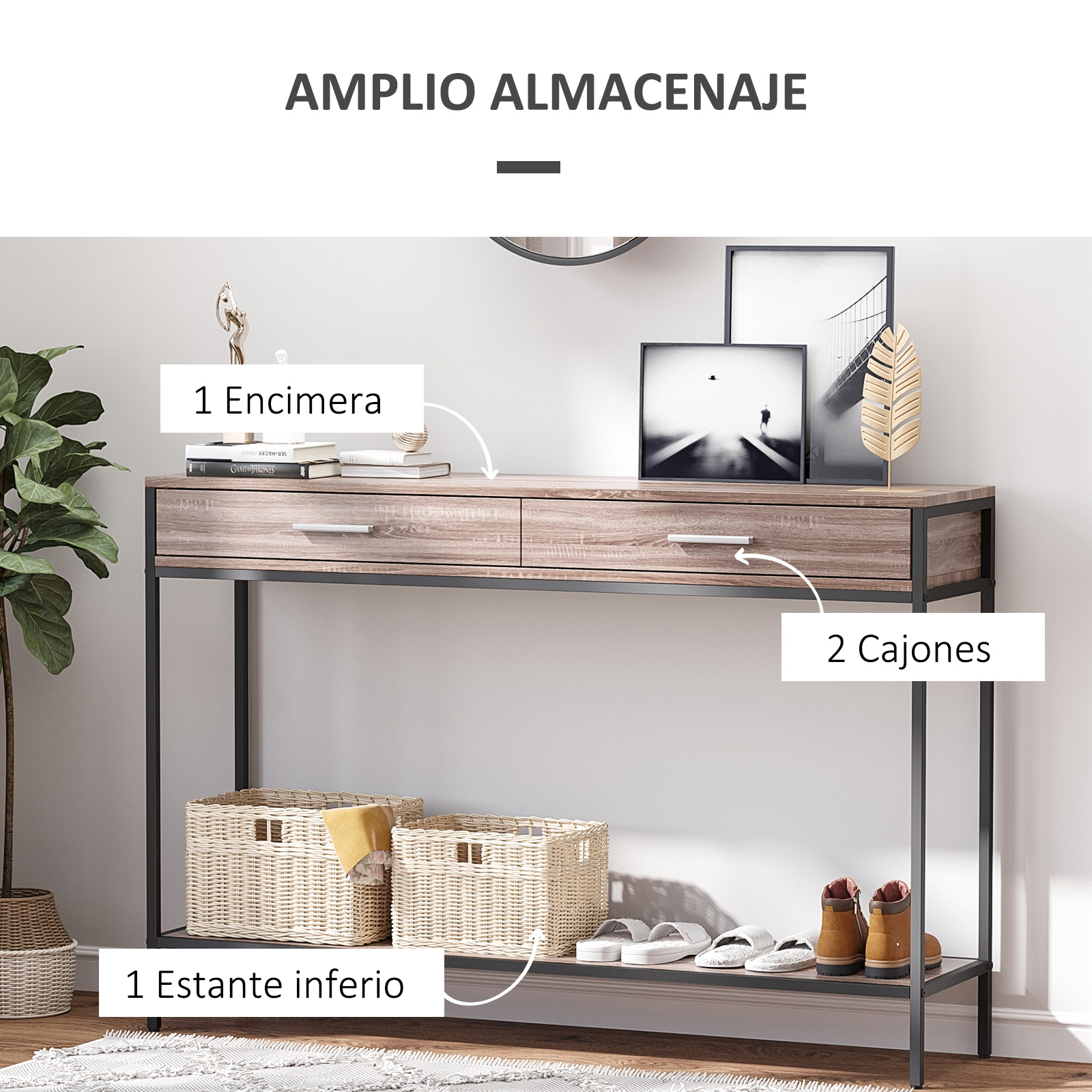 Una mesa consola con dos cajones, cestas tejidas y zapatos.
