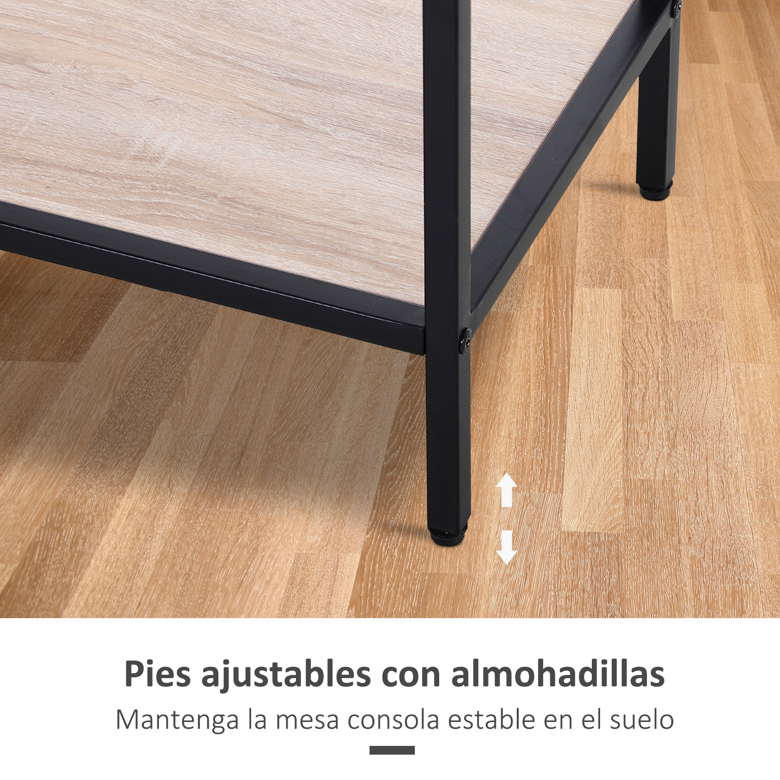 Pies ajustables con almohadillas en suelo de madera.