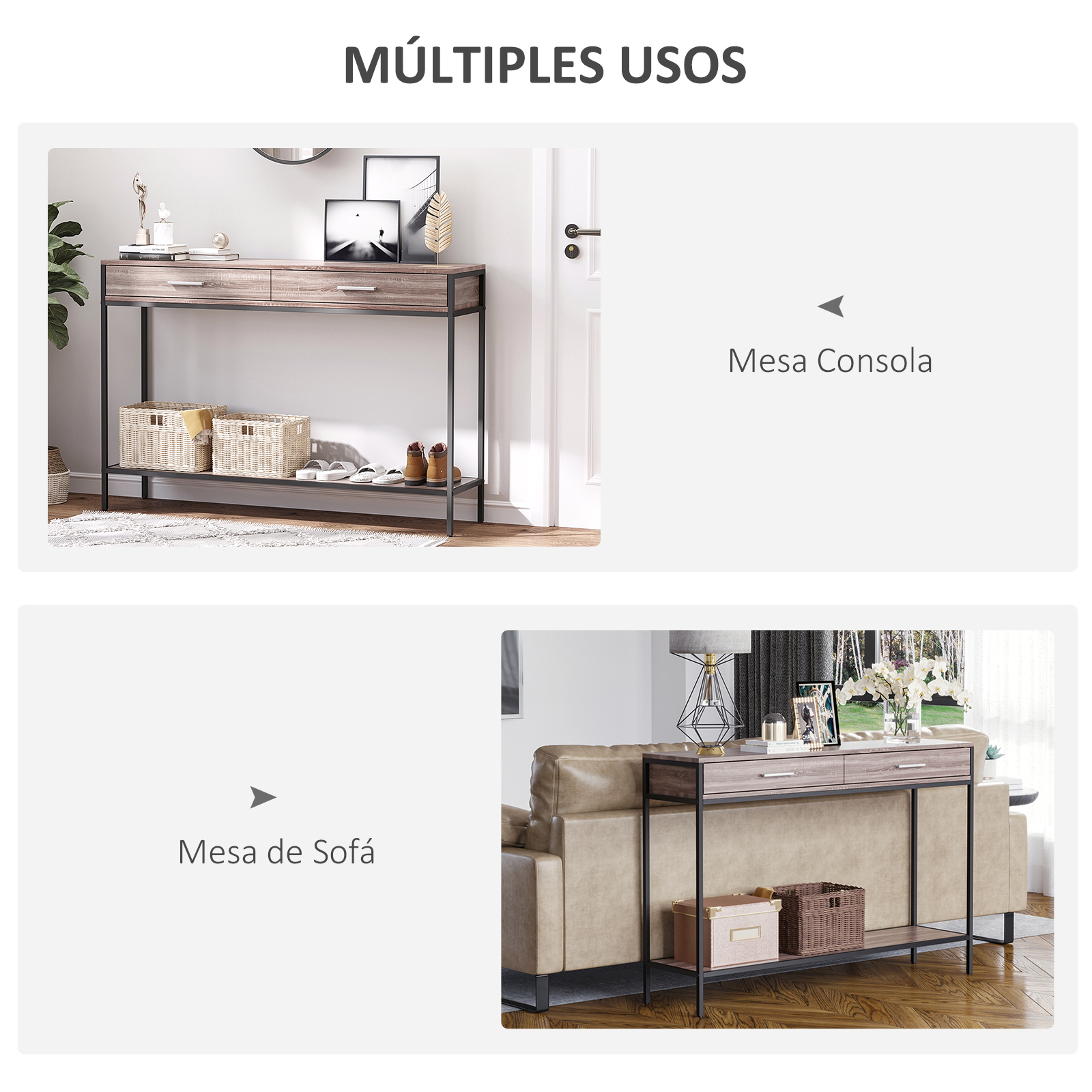 Mesa consola con dos cajones y estante debajo, con cestas y zapatos.