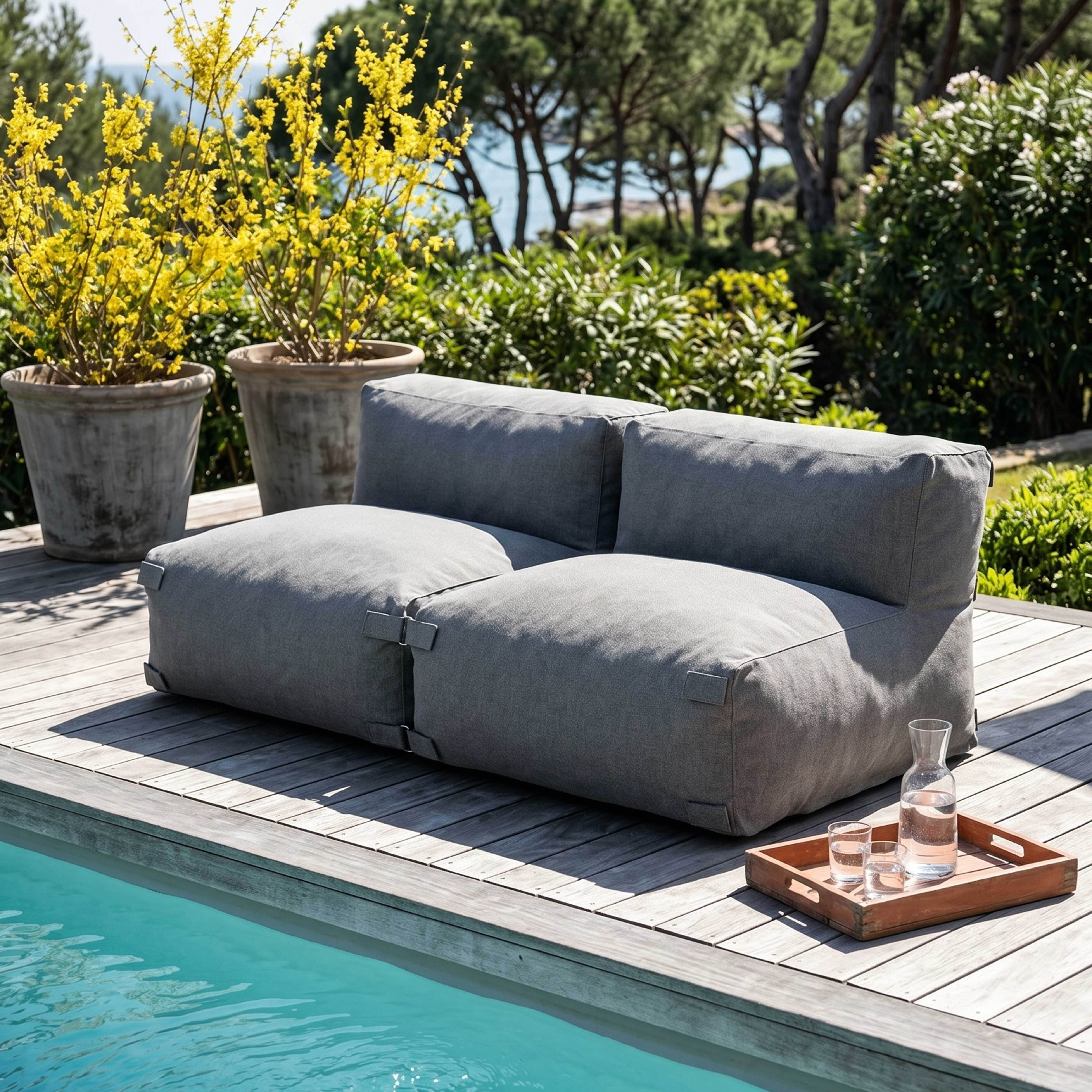 Graues Outdoor-Sofa am Pool mit Getränken auf einem Tablett und gelben Blumen.