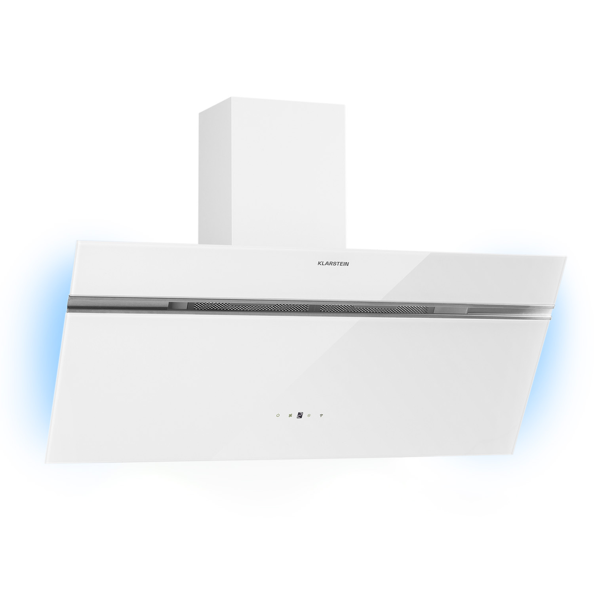 Una campana extractora blanca con pantalla táctil e iluminación azul.