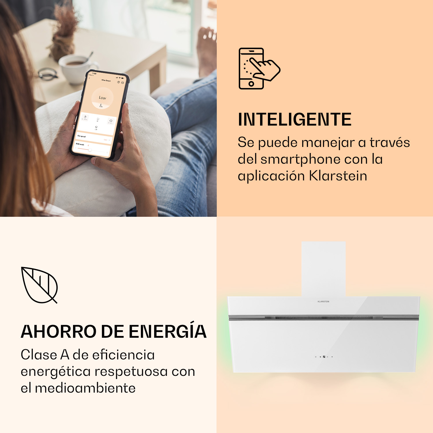 Persona con app de smartphone. Al lado, una campana Klarstein blanca con luz verde.