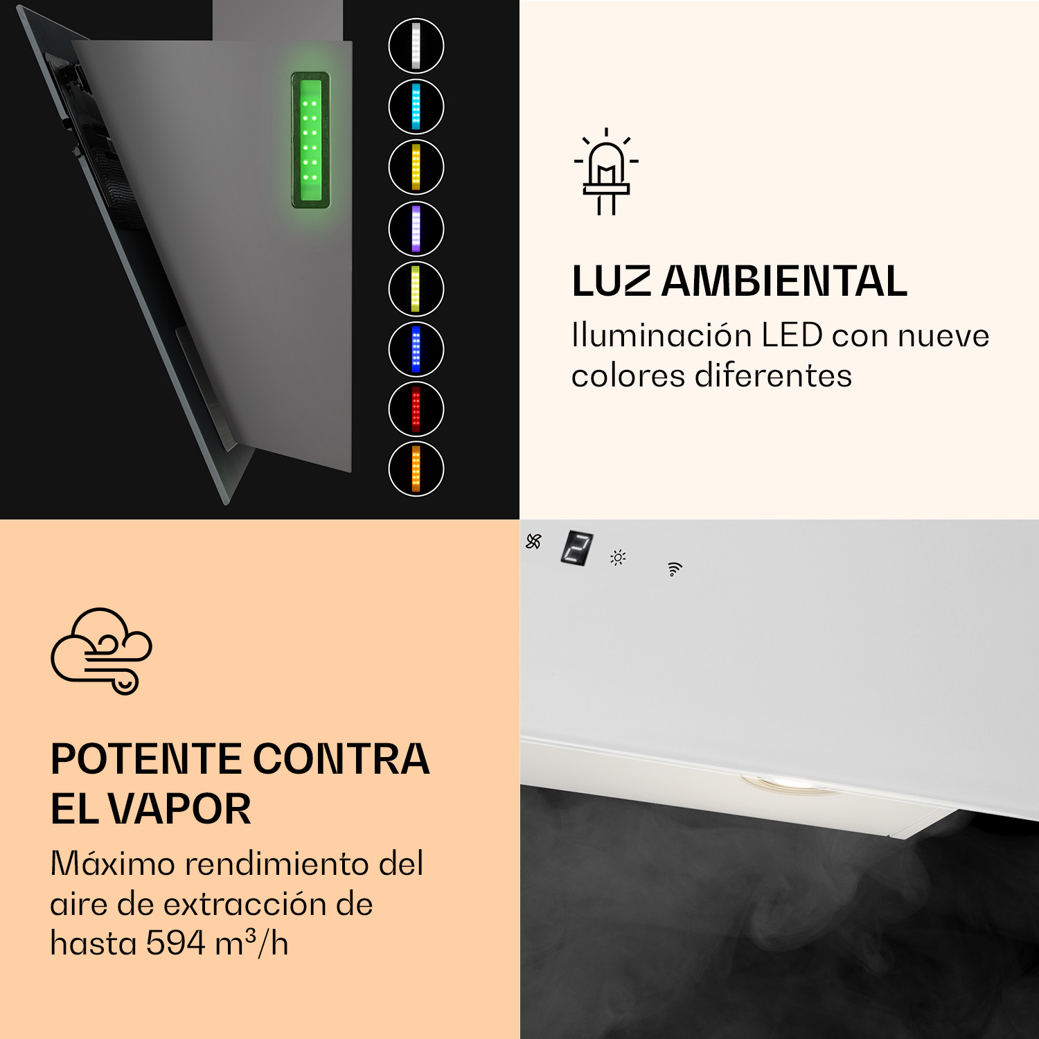Campana extractora con luz ambiental en 9 colores y potente extracción de vapor.