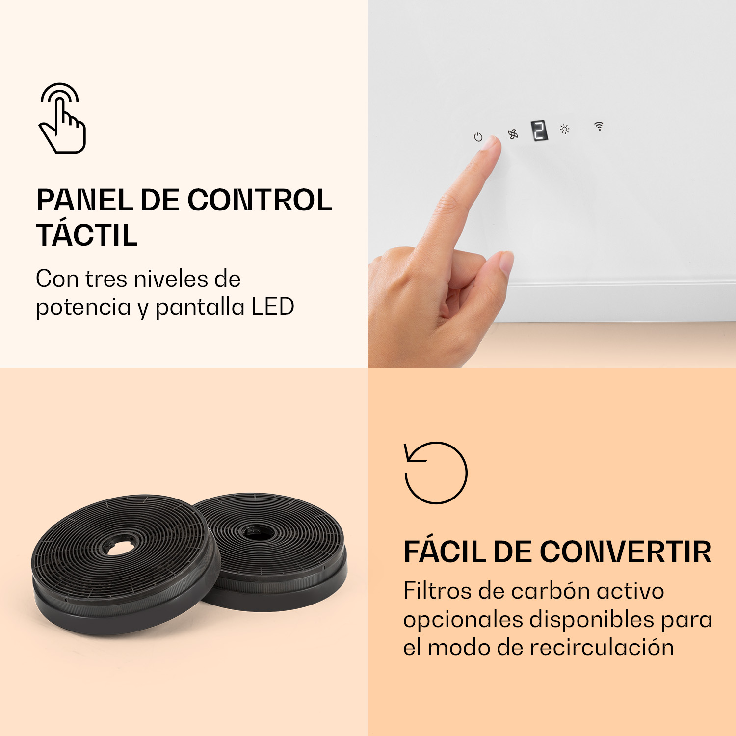 Controles de campana extractora: panel táctil, pantalla LED y filtros de carbón.