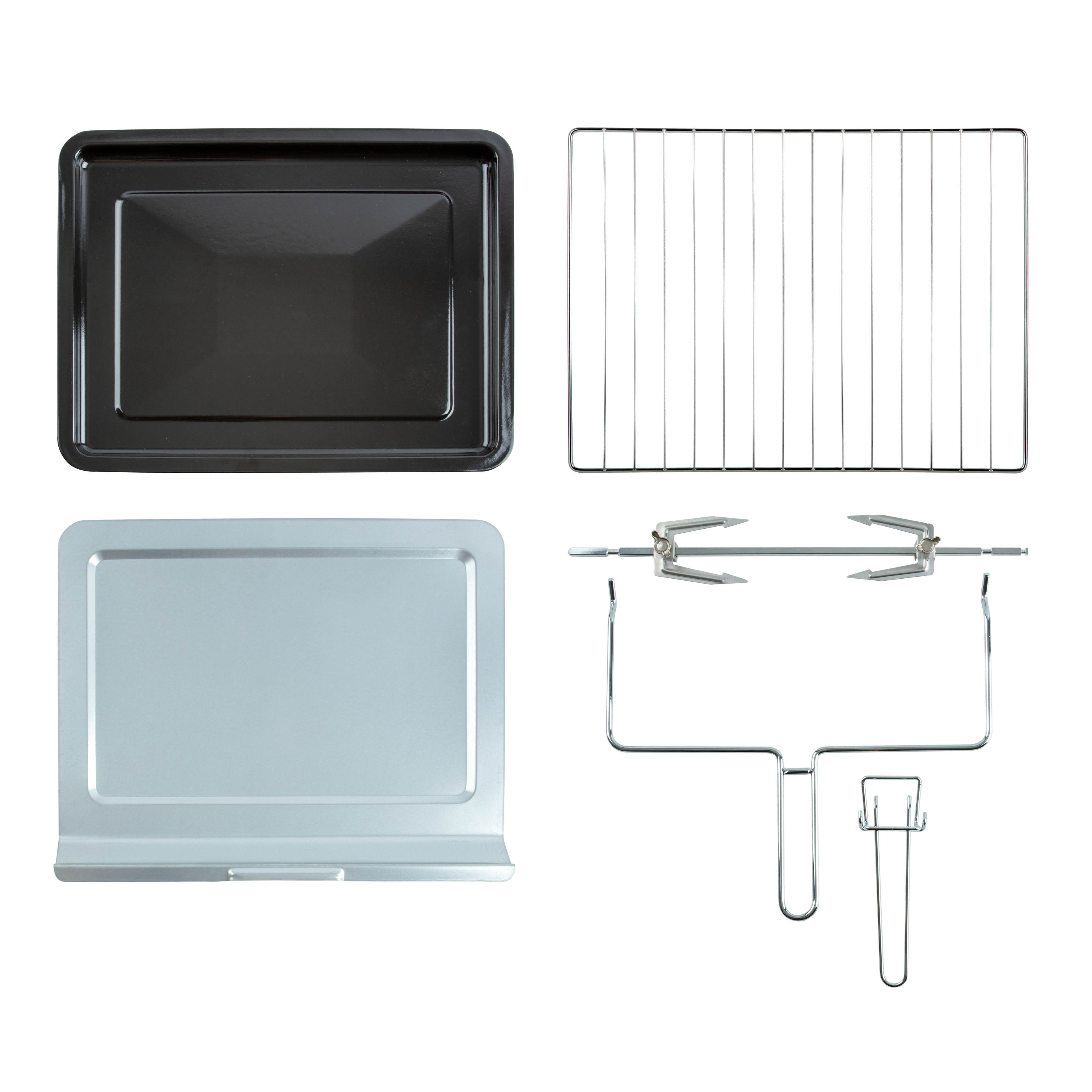 Un lèchefrite noir, une grille, un plateau d'égouttement argenté et une broche.