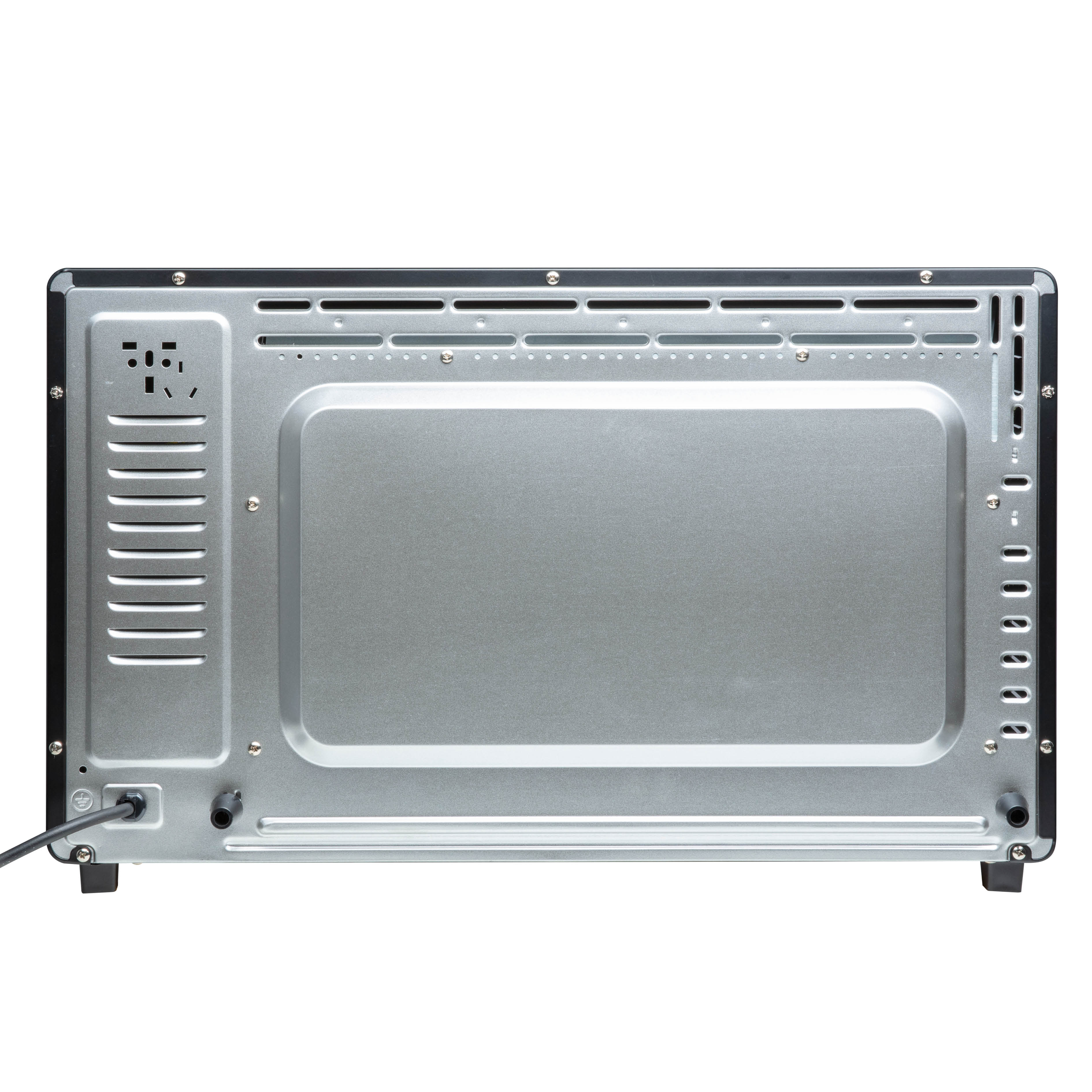 Vue arrière d'un four grille-pain noir avec aérations et cordon d'alimentation.
