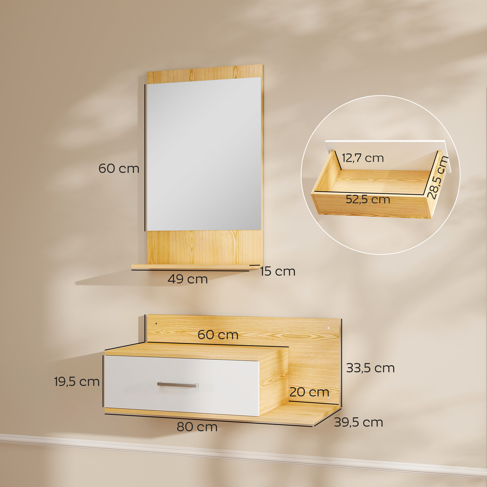 Un espejo y dos estantes de madera con dimensiones en una pared.